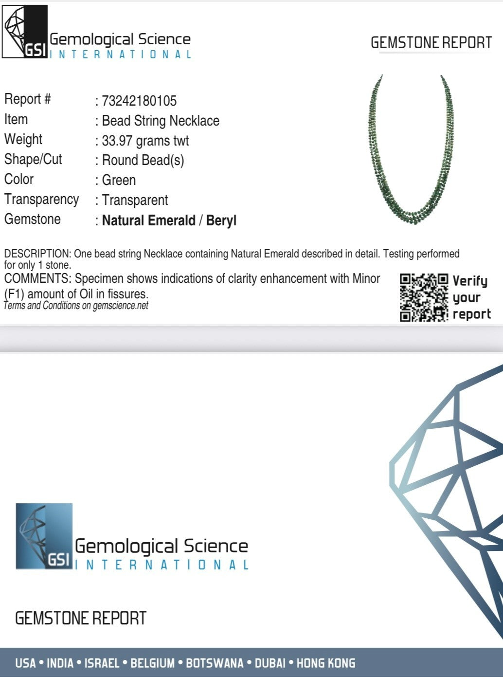 Certified Natural Emerald Pearl Round 3L 147 Ct  Beaded Green Gemstone Necklace