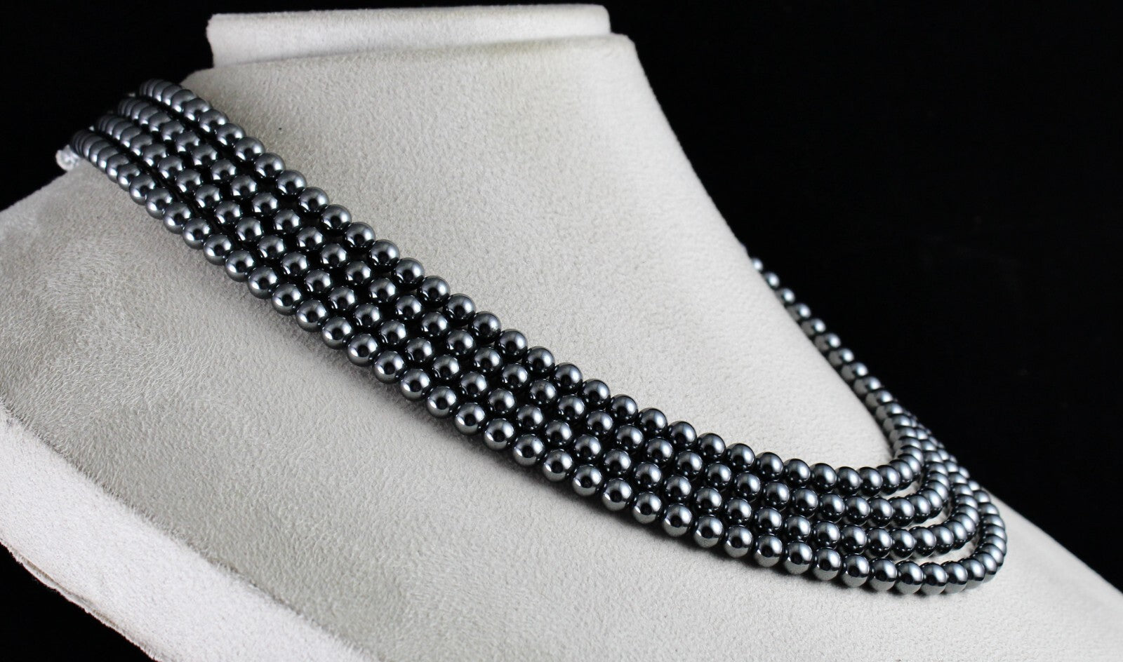 Hematite Beads Necklace 902 Ct, 4 Line 6mm Round Black Gemstone Fashion