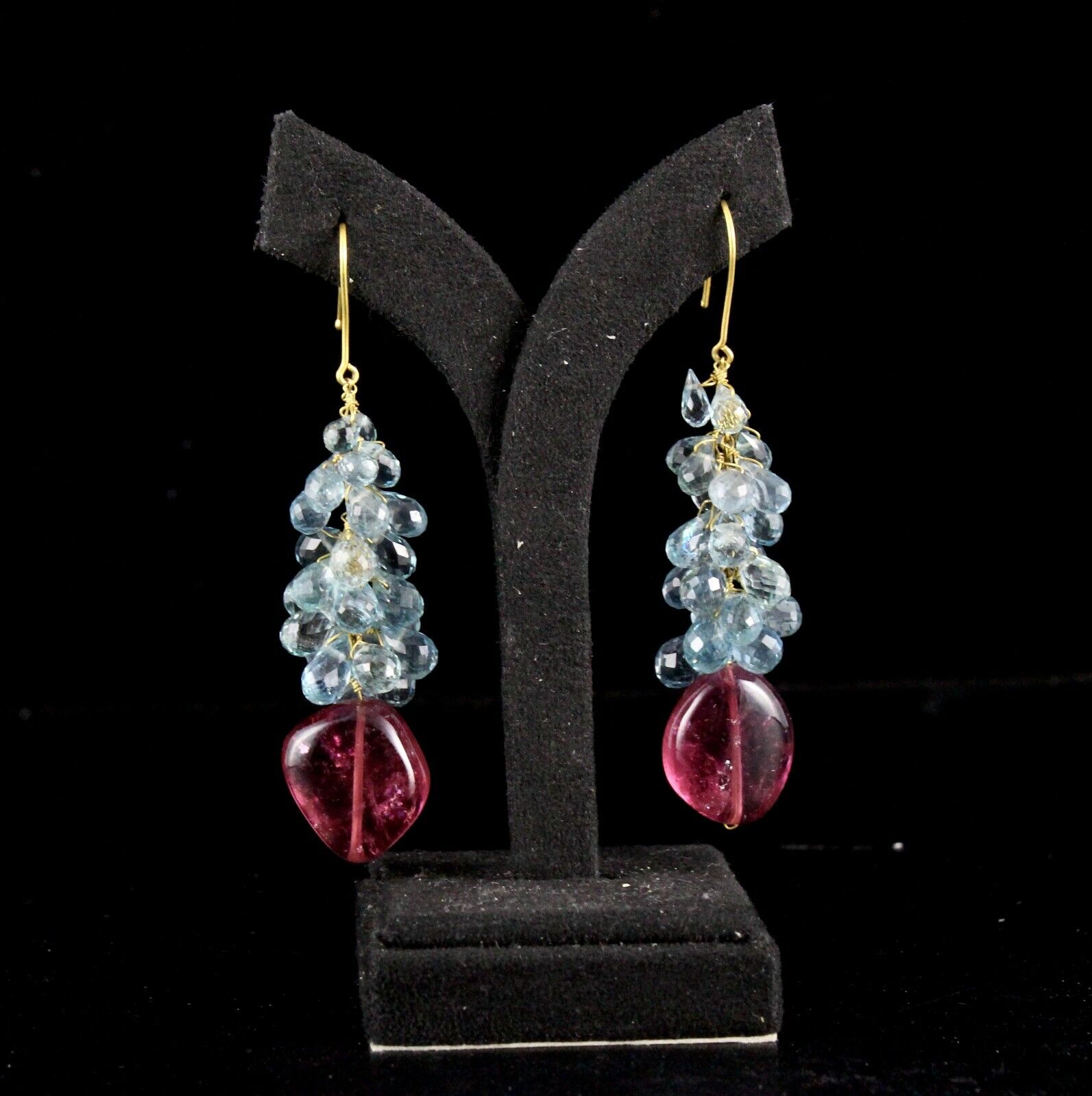 NATURAL AQUAMARINE RUBELLITE PINK TOURMALINE 18K YELLOW GOLD GEMSTONE EARRING