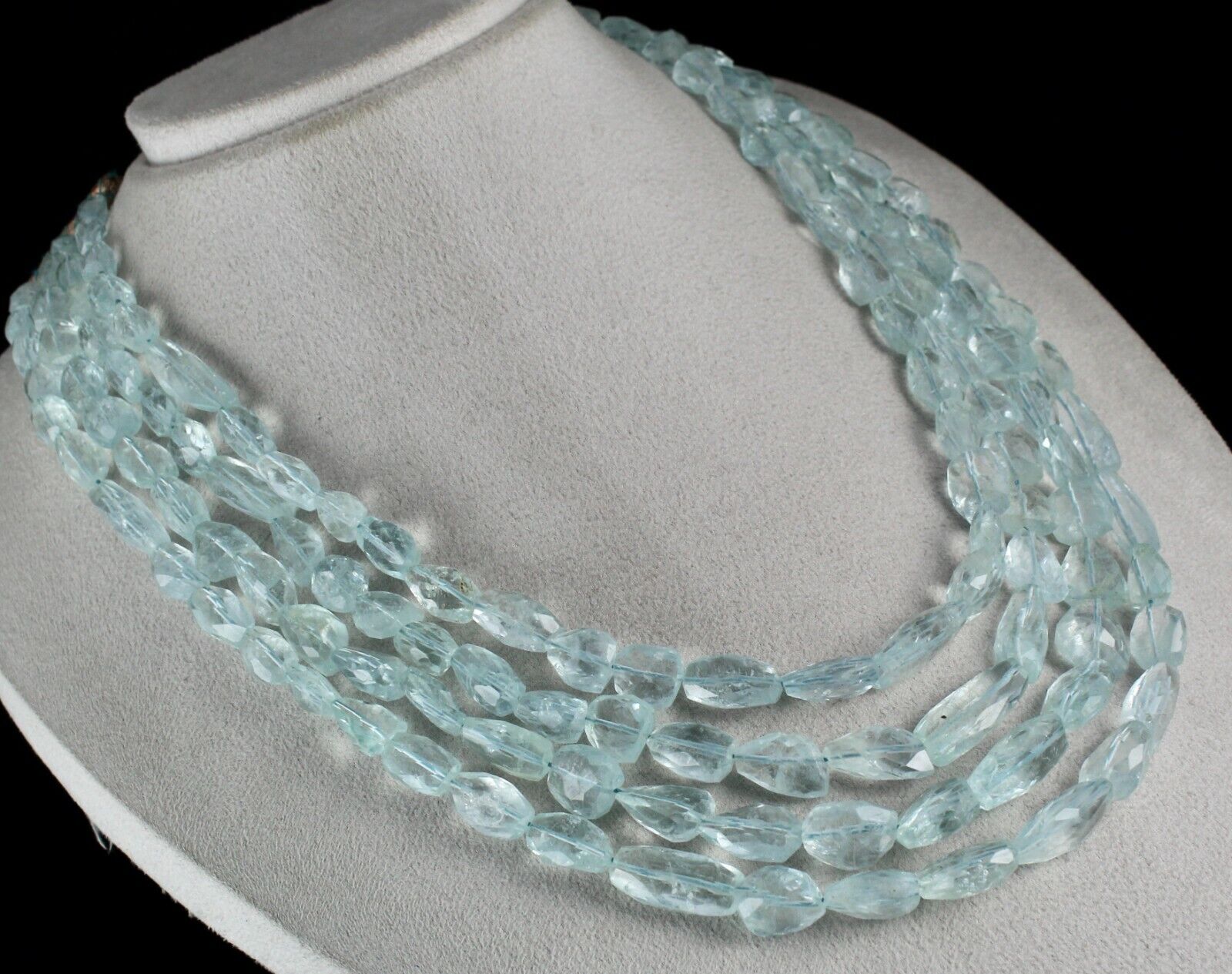 NATURAL BLUE AQUAMARINE FACETED TUMBLE  BEADS 4 LINE 1061 CARATS FINEST NECKLACE