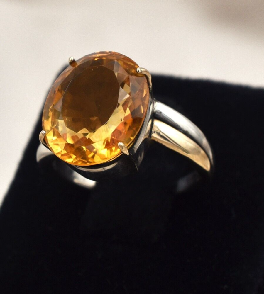 Vintage Yellow Citrine Ring 18k Gold 925 Silver Women Men November Birthstone