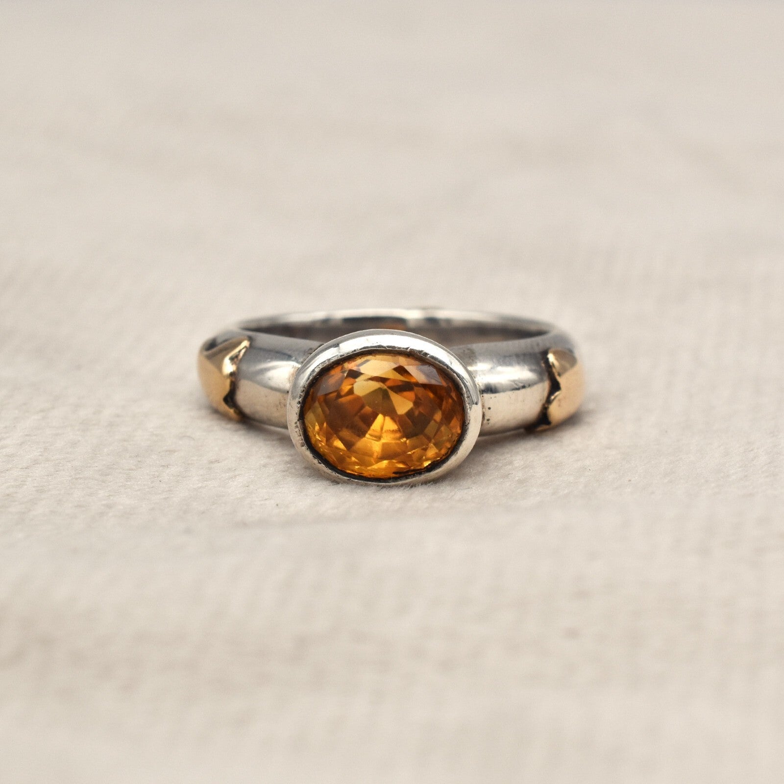 Vintage Victorian Unisex Yellow Citrine 35ct Ring 18k Gold 925 Silver