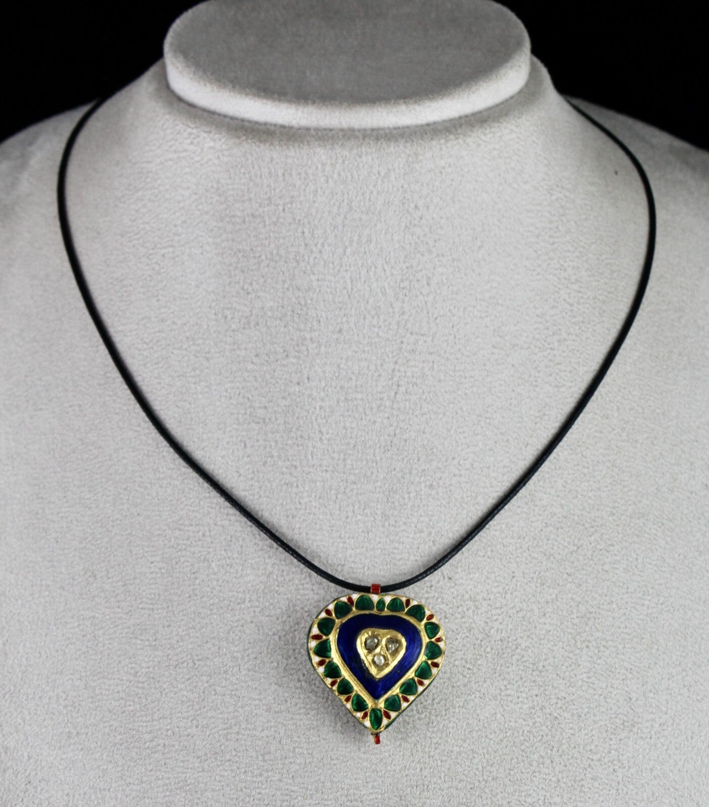 Antique Green Blue Jadau 62.75ct Natural Diamond 22k Kundan Meena Gold Pendant