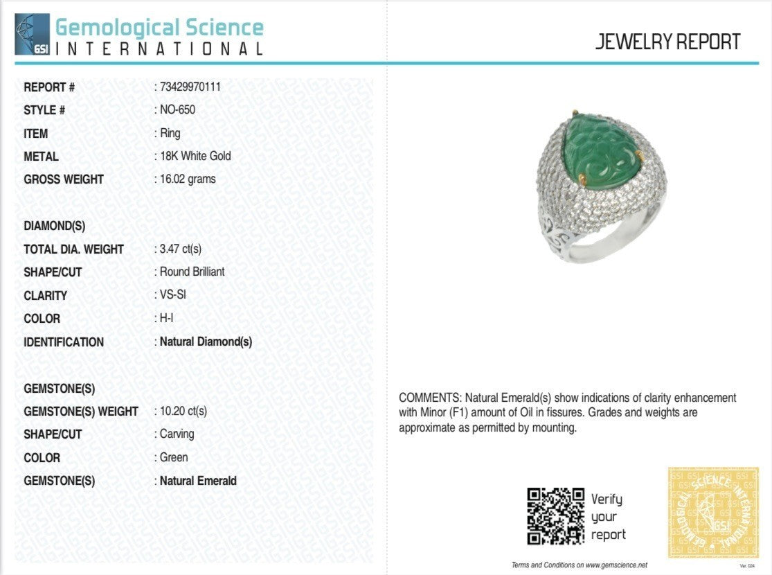 Certified Natural Zambian Emerald 10ct Carved Diamond 18k Gold Ladies Ring