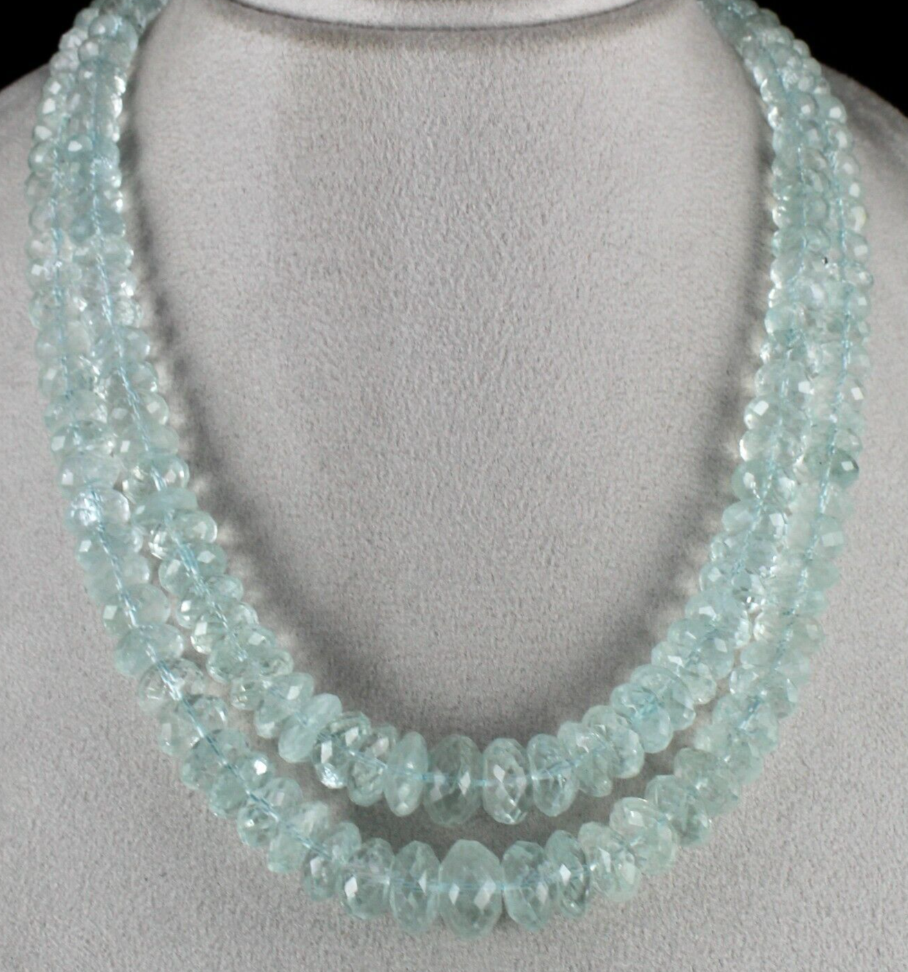 Natural Aquamarine Beaded Necklace 2 Line 972 Carats Blue Faceted Round Gemstone