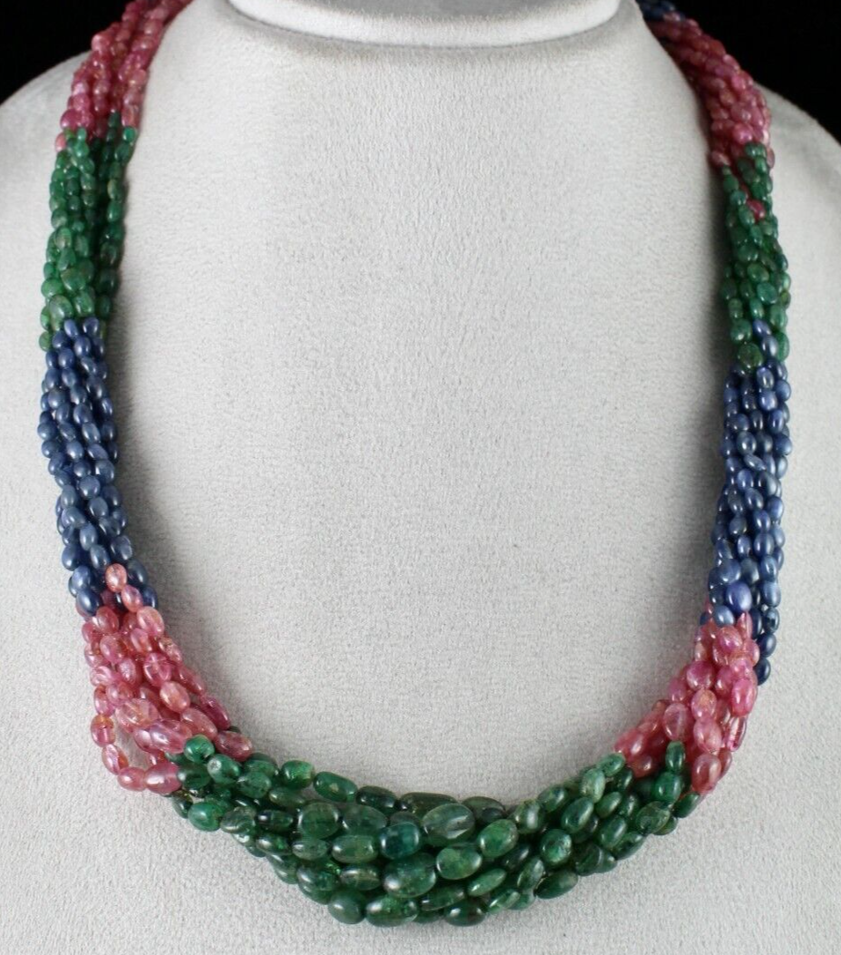 Certified Natural Emerald Ruby Sapphire 828 Ct Beads Necklace 9l For Women