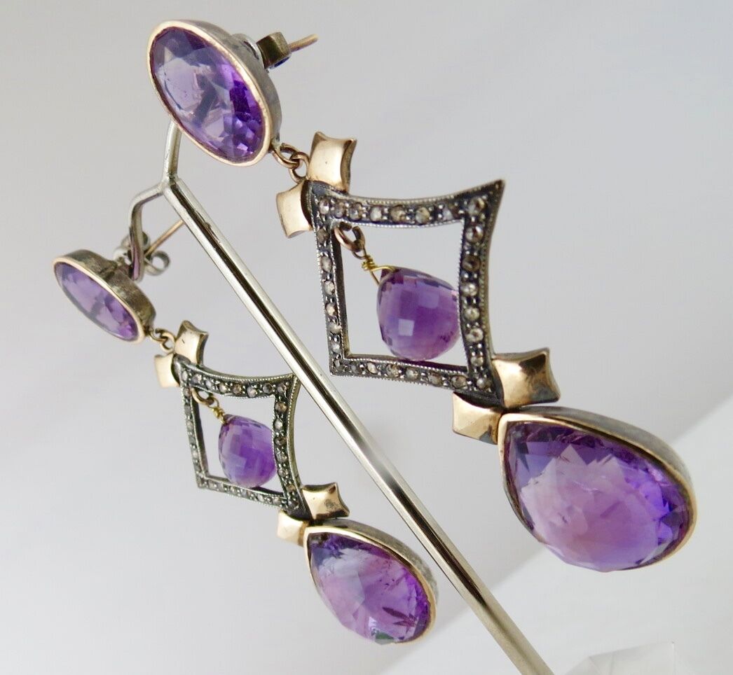 Estate Natural Amethyst Diamond 18 K Gold & 925 Silver Victorian Dangle Earring