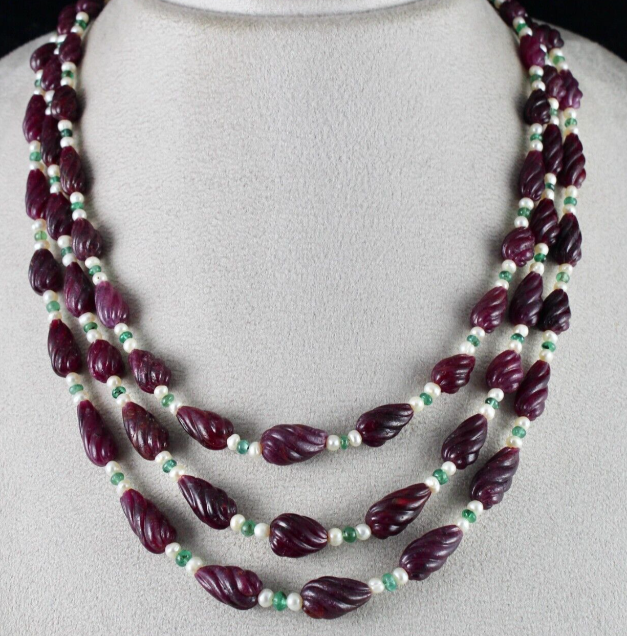 Certified Natural Ruby 525ct Carved Tear Drops Emerald Pearl Necklace