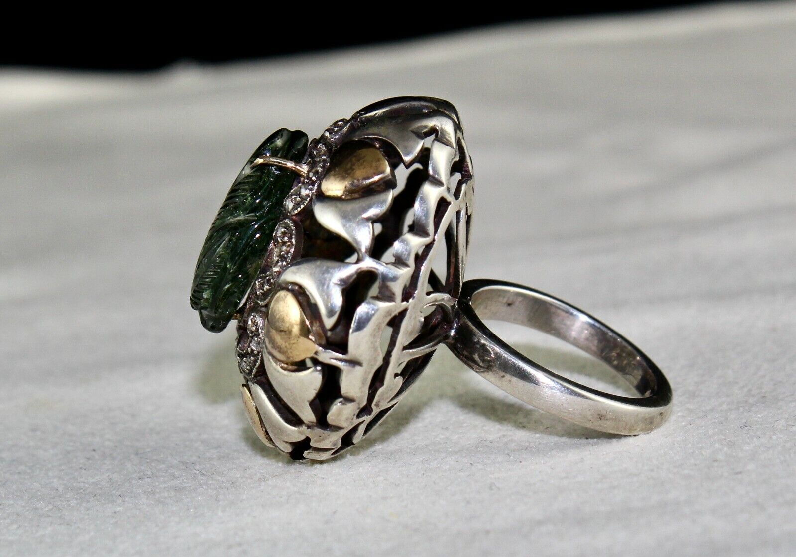 Antique Green Tourmaline Carved Diamond 18k Gold Silver Cocktail Victorian Ring