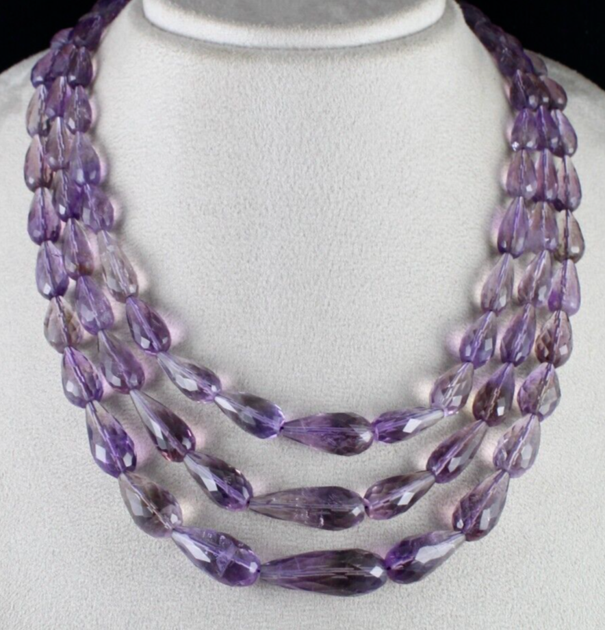 NATURAL PURPLE AMETHYST BEADS TEAR DROPS 3 L 727 CARATS GEMSTONE FINEST NECKLACE