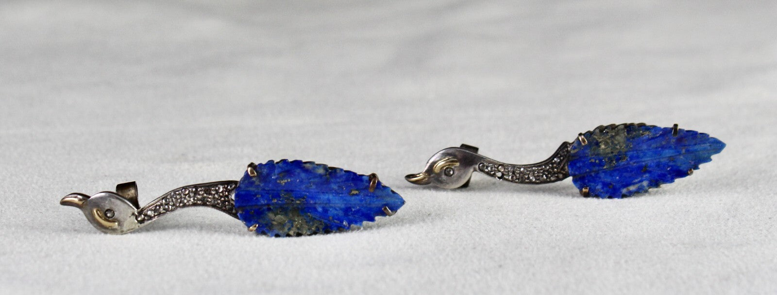 Natural Lapis Lazuli 10ct Leaf Natural Diamond Silver Gold Victorian Set