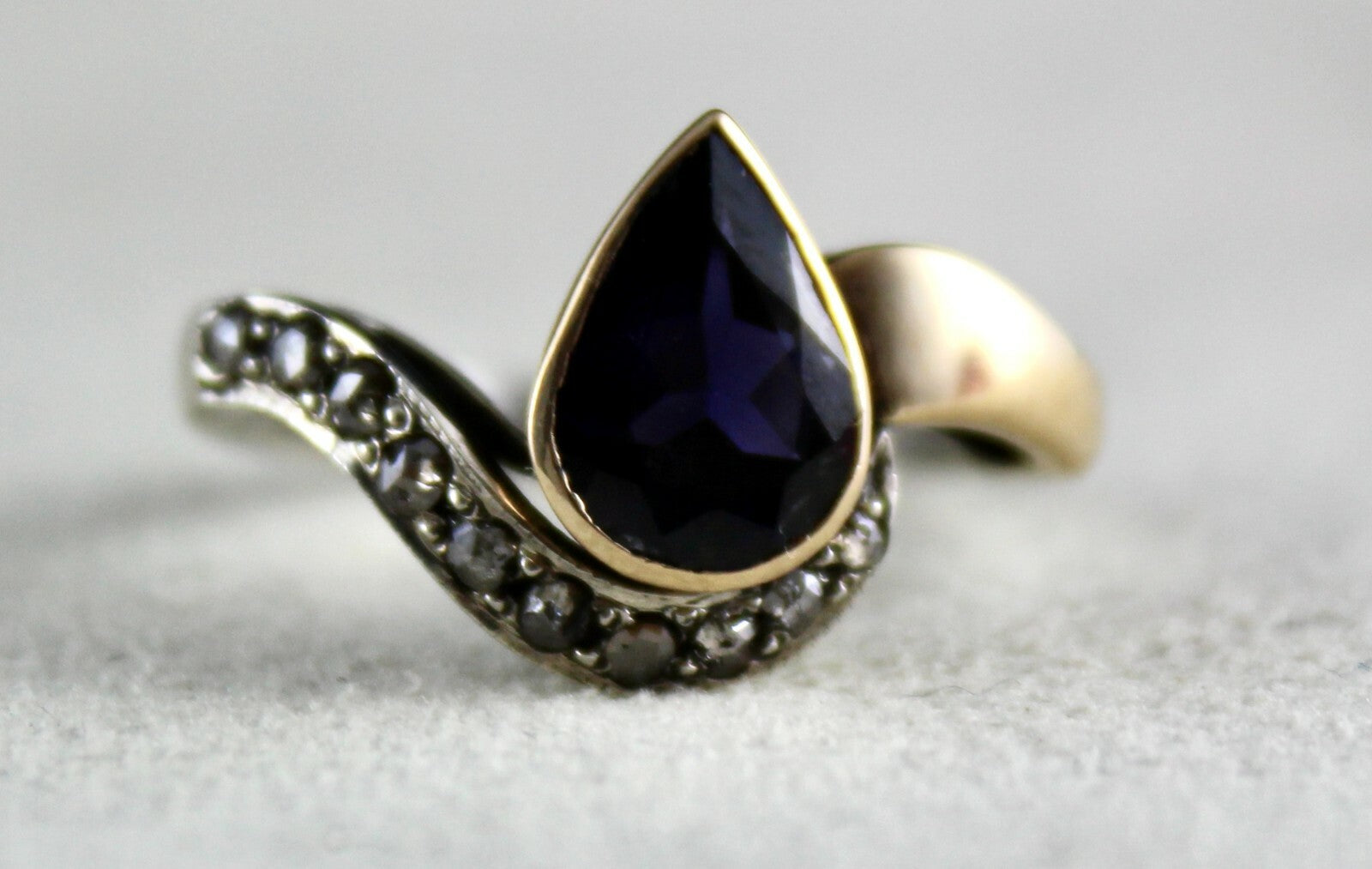 Antique Natural Blue Iolite 10ct Pear Cut Natural Diamond 18k Gold Silver Ring