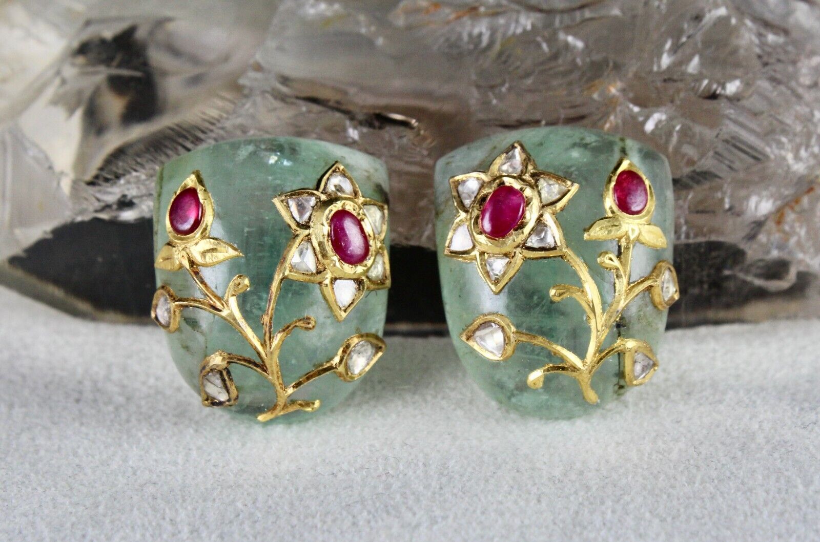 Old Natural Emerald Cabochon Gemstone Ruby Diamond 22k Gold Earring Design Stud