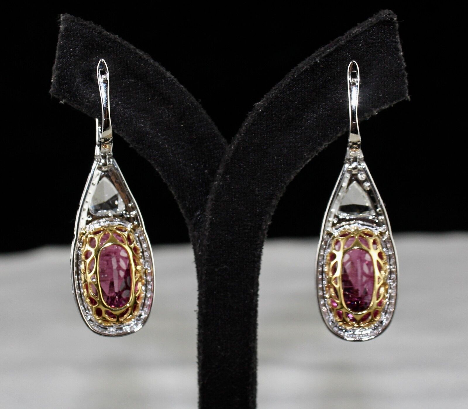 Natural Rubellite Pink Tourmaline Cushion Rosecut Diamond 18K Gold Fine Earring