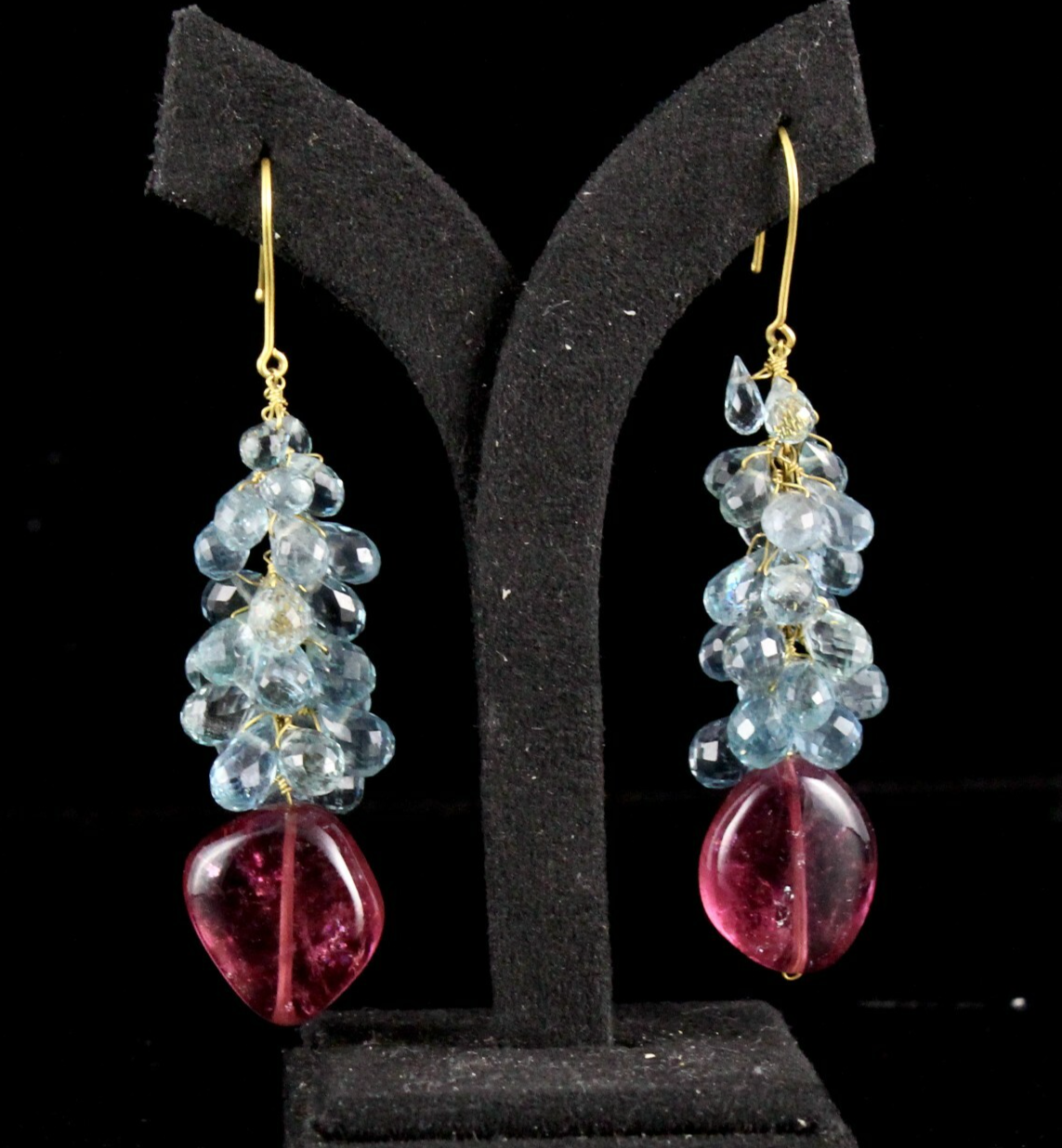 Certified Natural Aquamarine 105ct Rubellite Pink Tourmaline 18k Gold Earrings