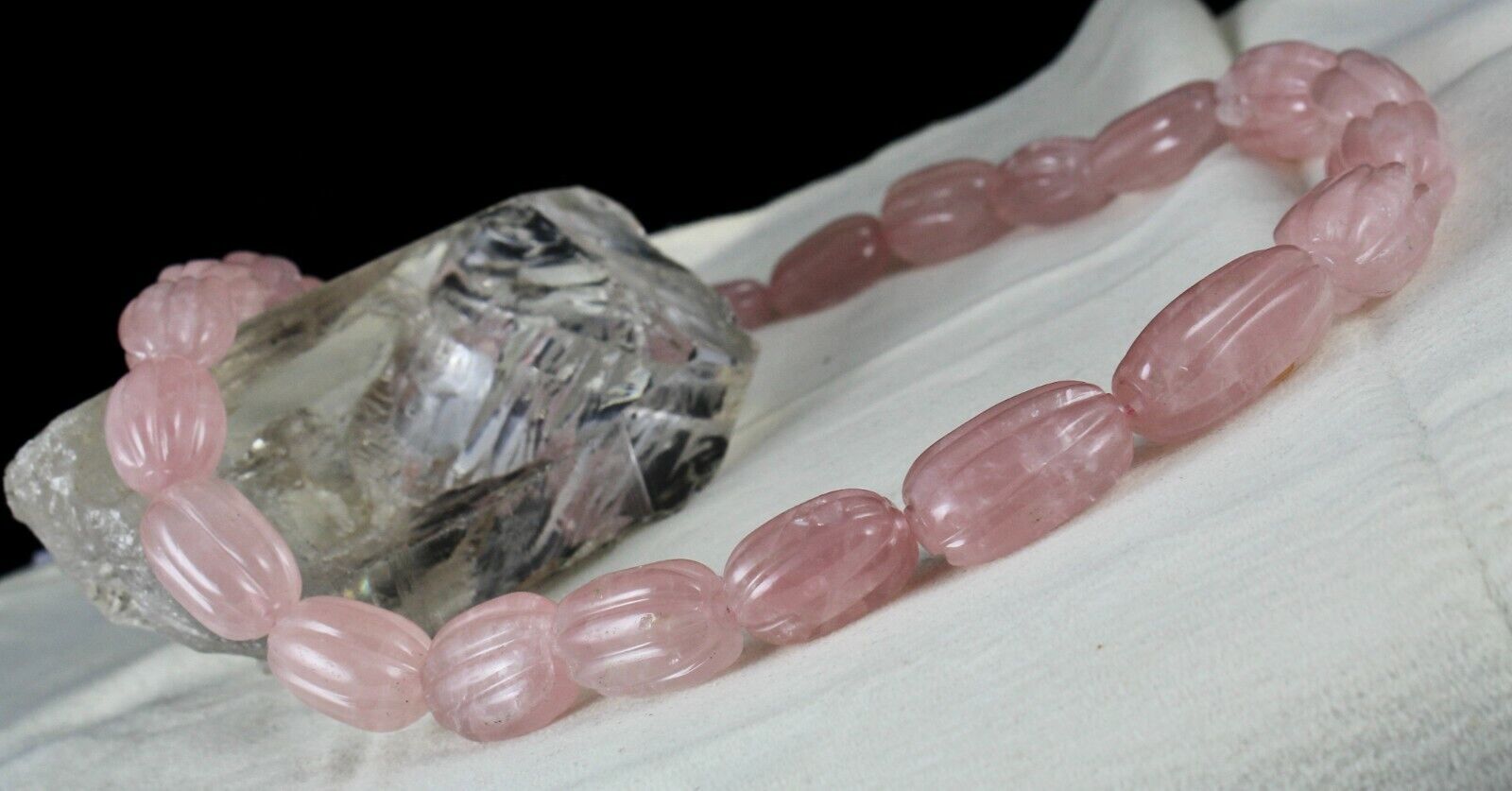 NATURAL ROSE QUARTZ MELON CARVED LONG BEADS 903 CARATS GEMSTONE SILVER NECKLACE