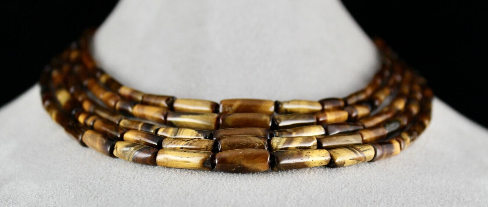 NATURAL TIGER'S EYE TUBE FANCY BEADS 5 LINE 514 CARATS GEMSTONE FASHION NECKLACE