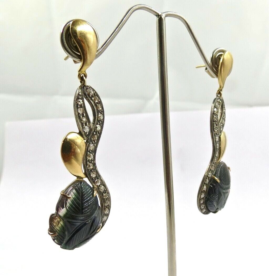 MULTI COLOR TOURMALINE CARVED LEAVES 18K GOLD DIAMOND SILVER VICTORIAN EARRING