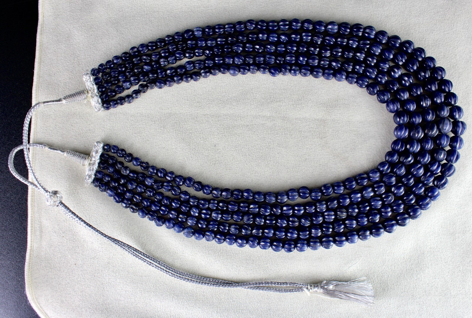 Natural Blue Jade 977 Ct Beads Carved Round Gemstone Necklace, 5 Line Fashion