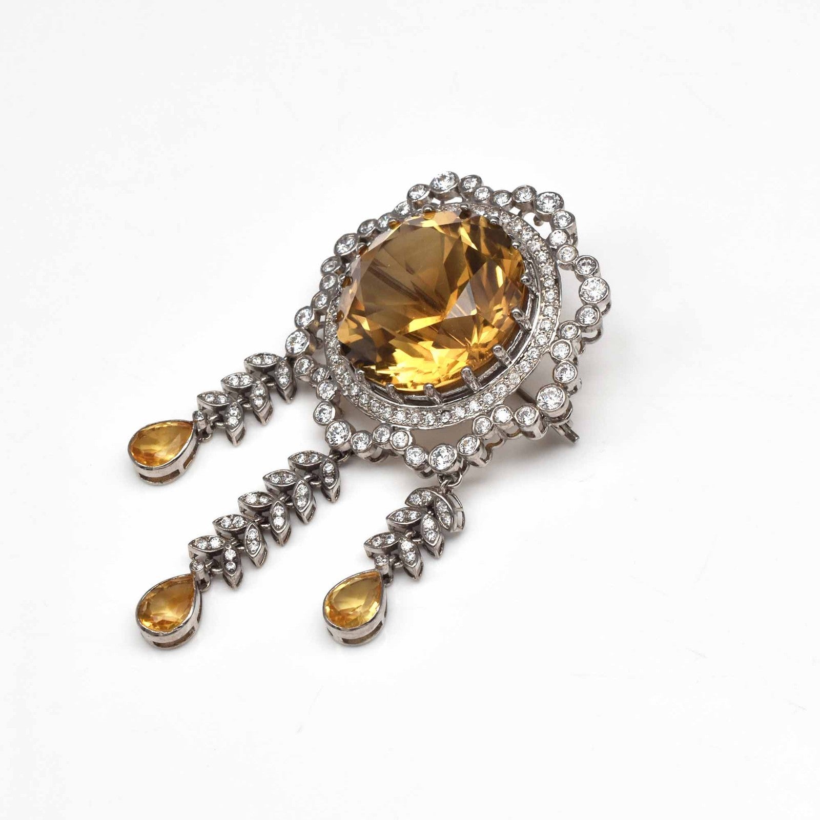 Natural Yellow Citrine Round Cubic Zirconia Stone Silver Brooch Pendant Unisex