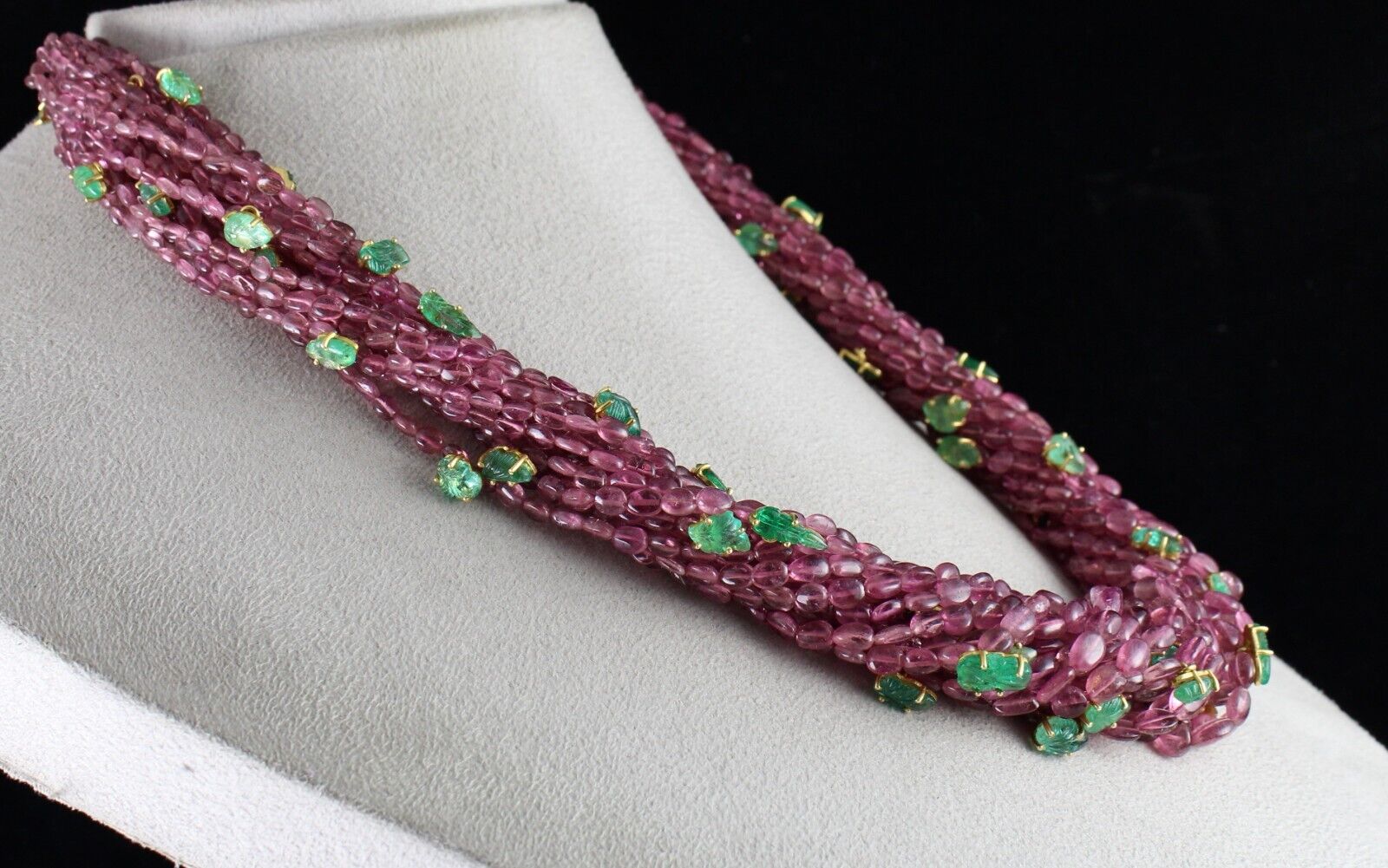 NATURAL PINK TOURMALINE BEADS EMERALD LEAVES 892 CT SILVER STATEMENT NECKLACE