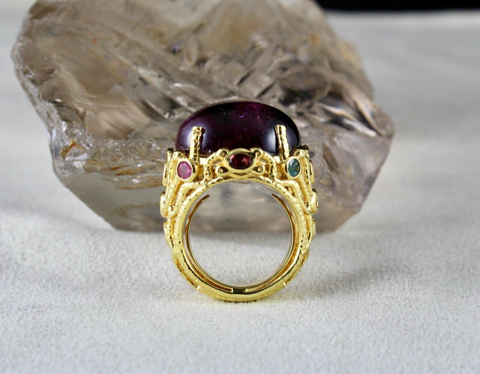 UNIQUE NATURAL PINK TOURMALINE CABOCHON CUT CARVED SILVER GOLD PLATED RING