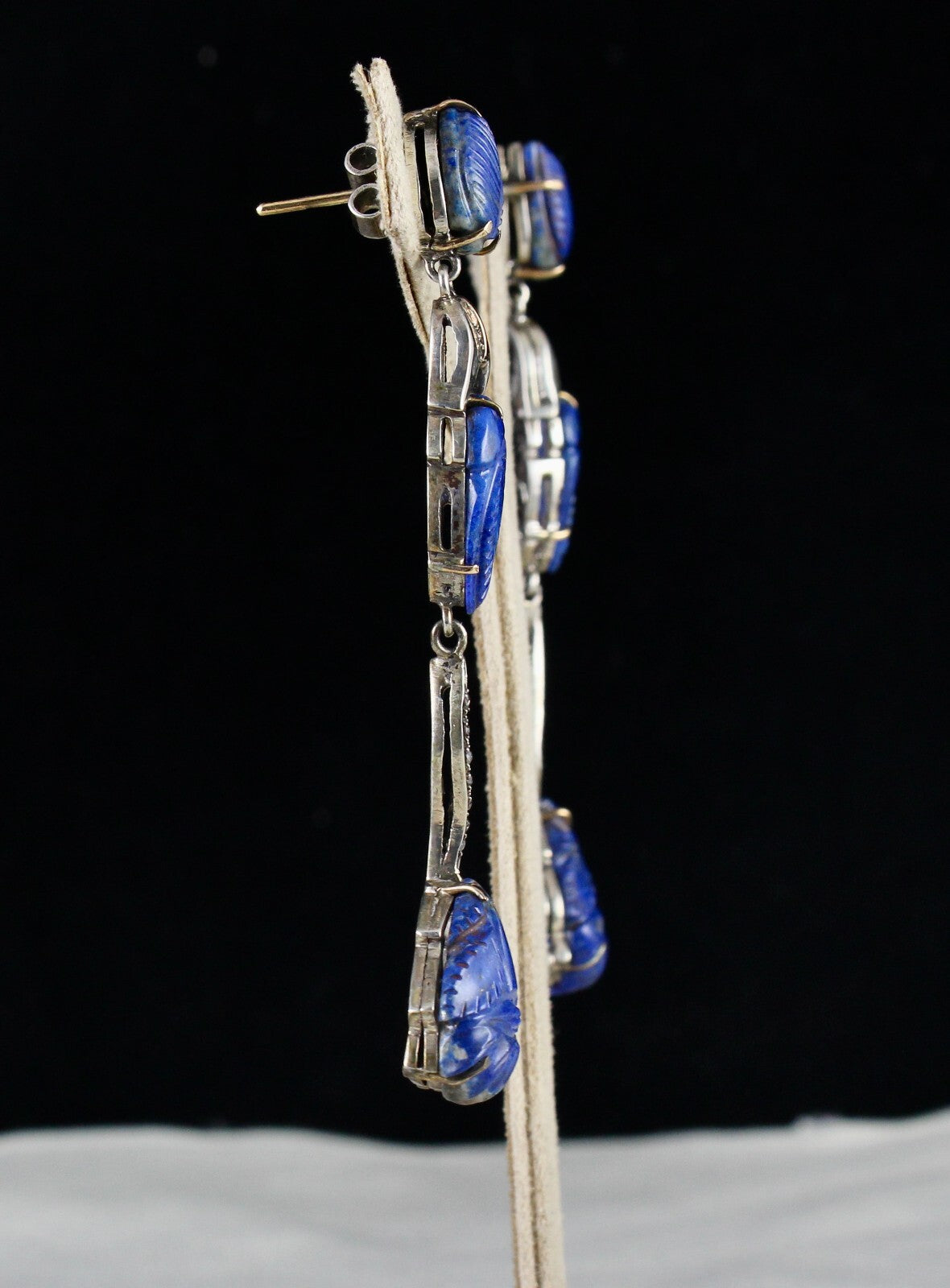 Natural Lapis Lazuli 78.85ct Leaf Diamond 18k Gold 925 Sterling Silver Earrings