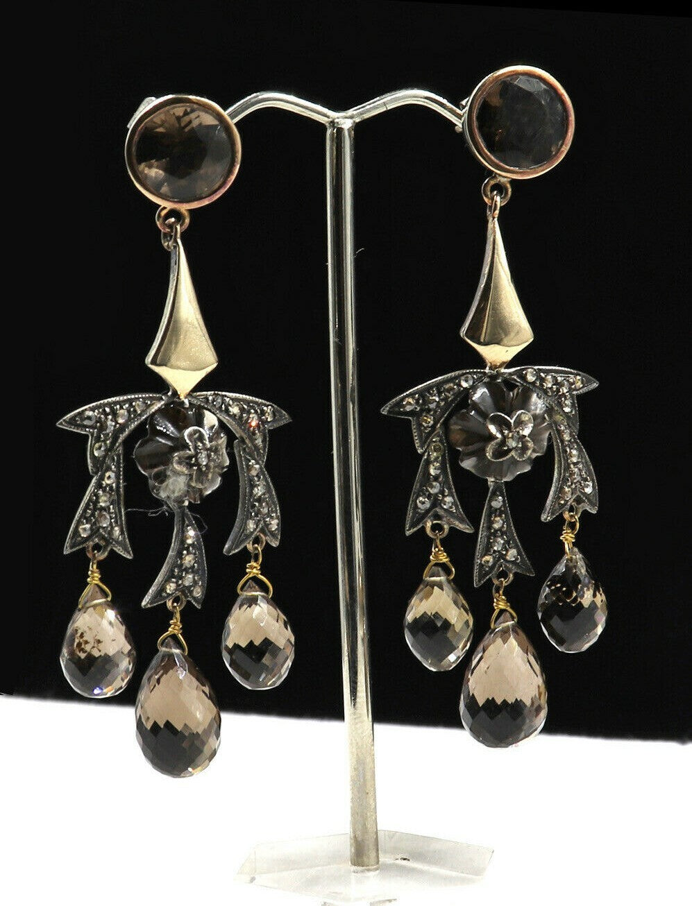 Vintage 10ct Smoky Quartz Teardrop Natural Diamond 18k Gold Victorian Earrings