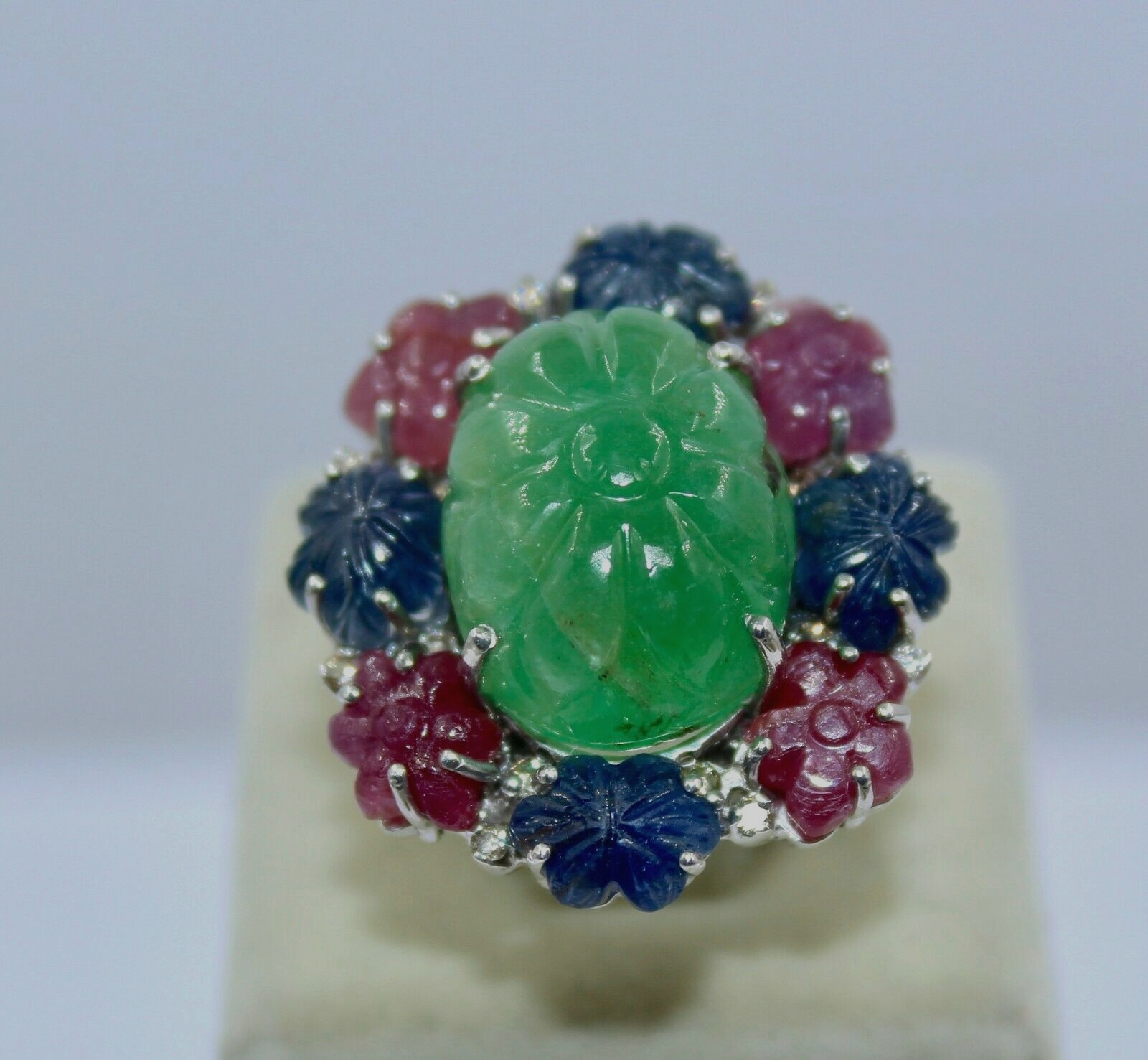 Certified Vintage Natural Emerald 74ct Ruby Blue Sapphire Sterling Silver Ring
