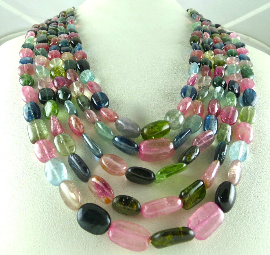 NATURAL MULTI TOURMALINE BEADS LONG 5 LINE 843 CARATS GEMSTONE FASHION NECKLACE