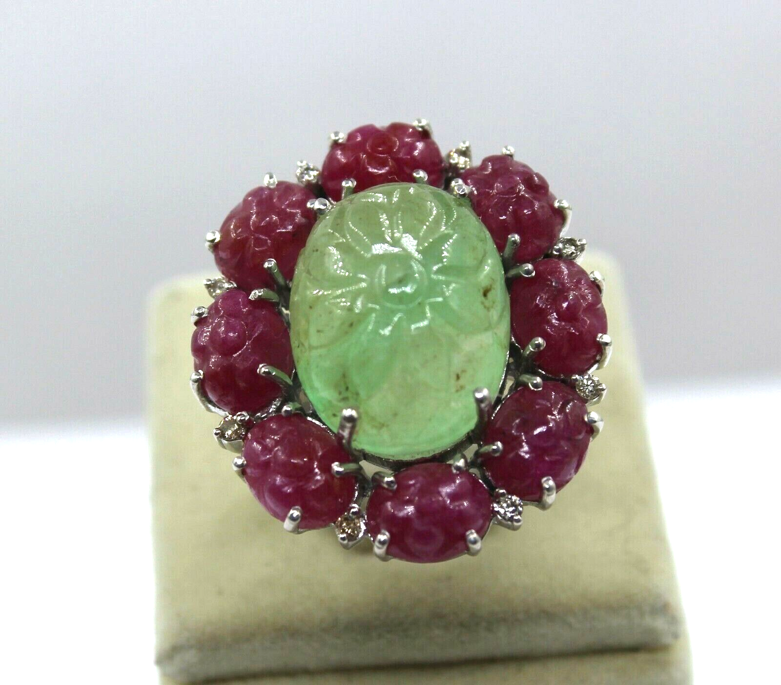 Certified Vintage Natural Emerald 10ct Ruby Diamond Sterling Silver Ring