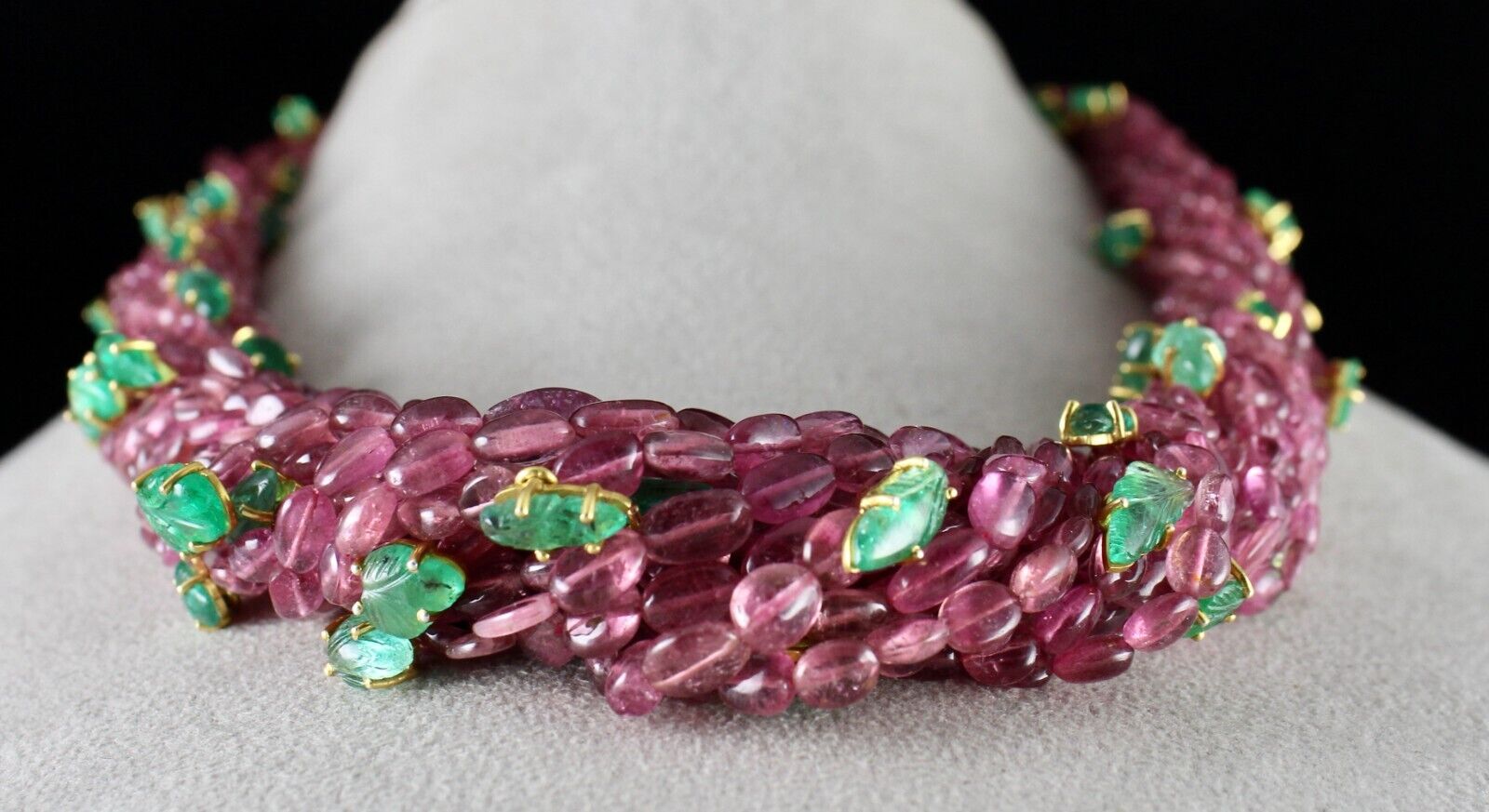 NATURAL PINK TOURMALINE BEADS EMERALD LEAVES 892 CT SILVER STATEMENT NECKLACE