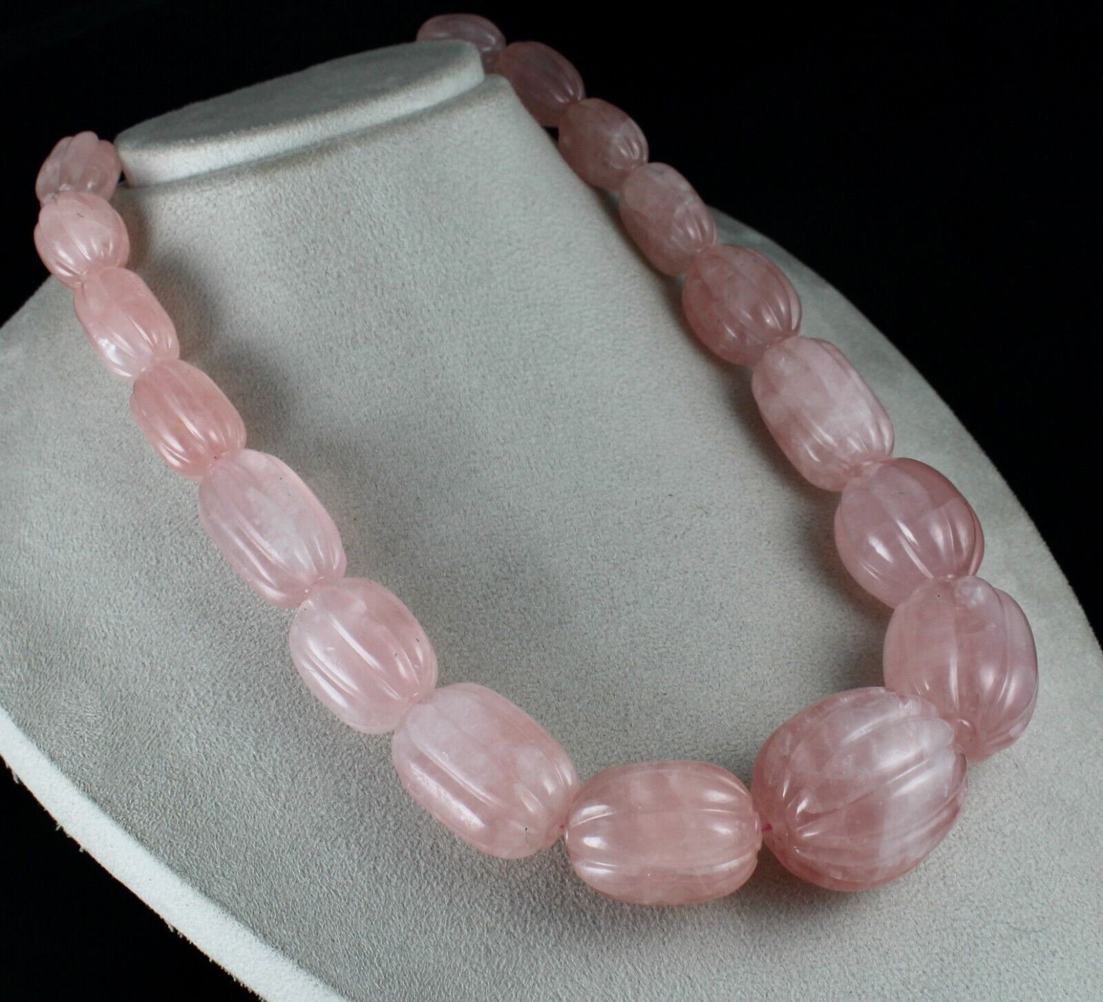 NATURAL ROSE QUARTZ MELON CARVED LONG BEADS 2083 CARATS GEMSTONE SILVER NECKLACE