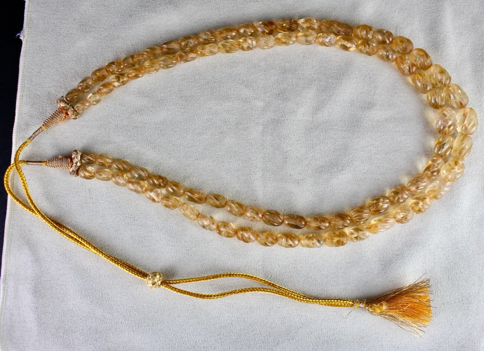 Natural Citrine Beads Carved Oval 2 L 587 Ct Yellow Gemstone Vintage Necklace