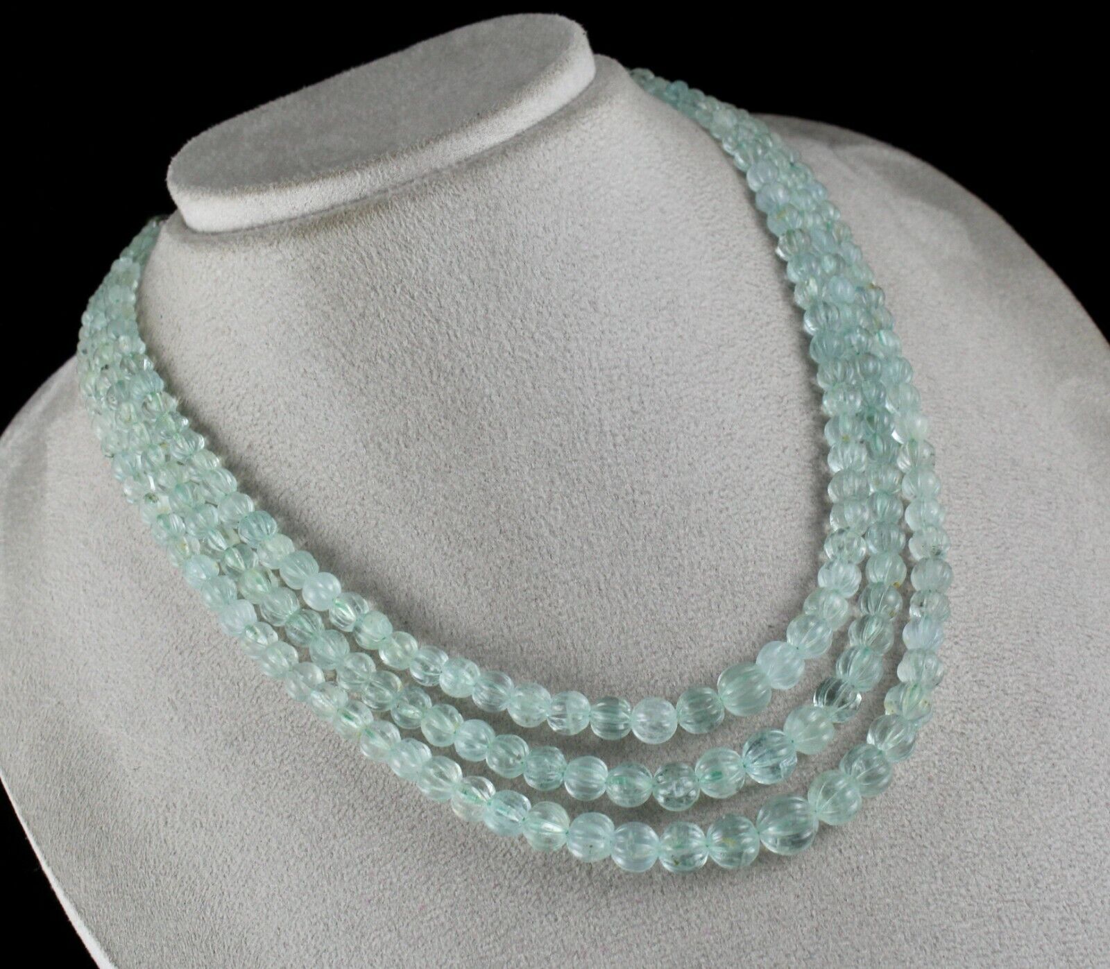 NATURAL BLUE AQUAMARINE CARVED MELON ROUND BEADS 3L 395 CTS GEMSTONE NECKLACE