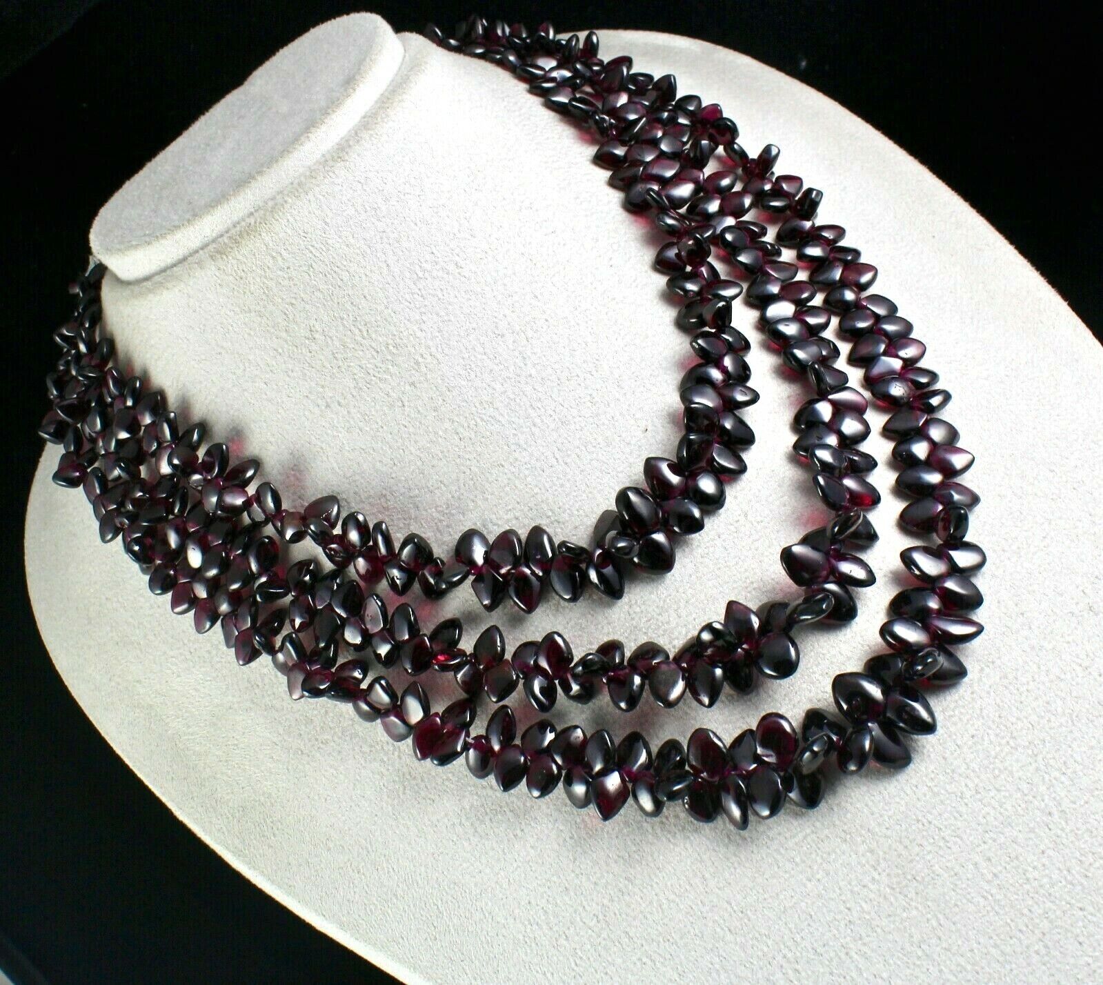 NATURAL PINK GARNET BEADS FANCY DROPS 3 LINE 1062 CARATS GEMSTONE FINE NECKLACE