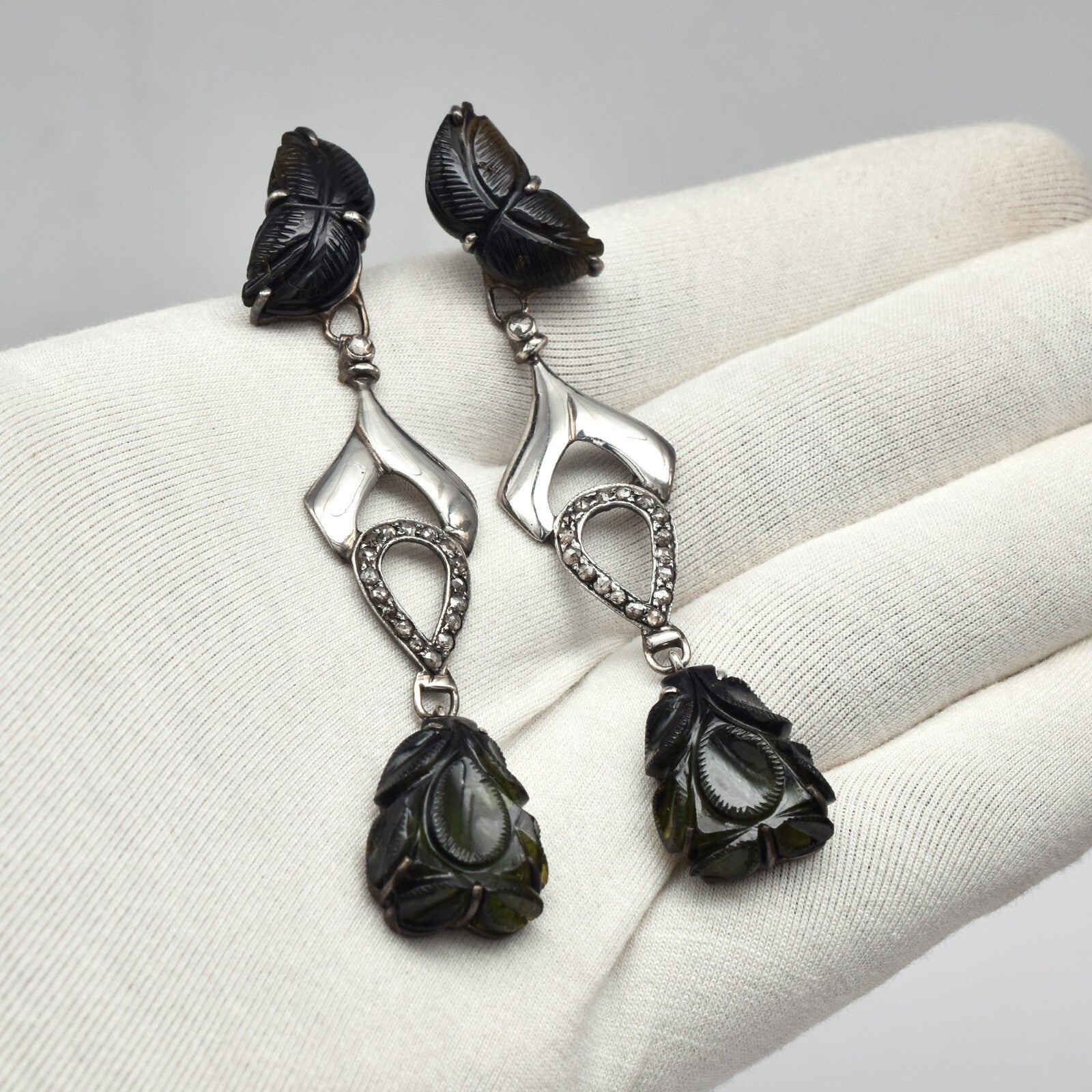 Estate Natural Green Tourmaline Diamond 10ct Sterling Silver Victorian Earrings