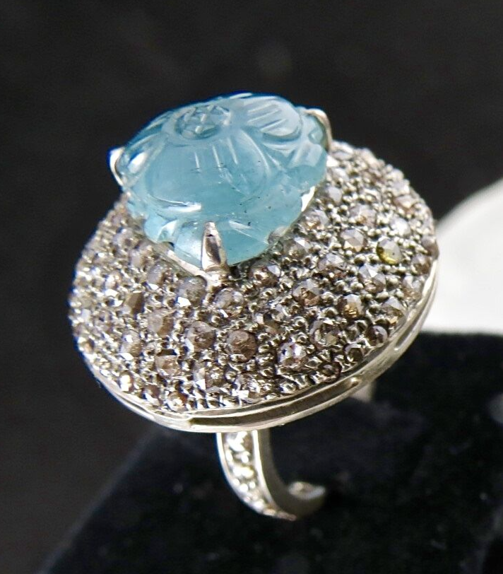 Antique Natural Blue Aquamarine Carved Diamond Gemstone Silver Victorian Ring