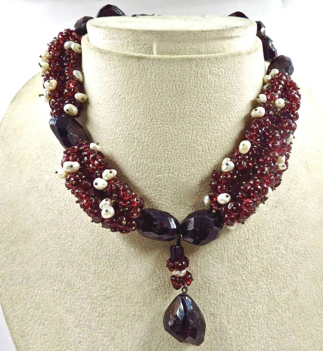 Natural Red Garnet Pearl Beads Sterling Silver 783 Ct Designer Necklace