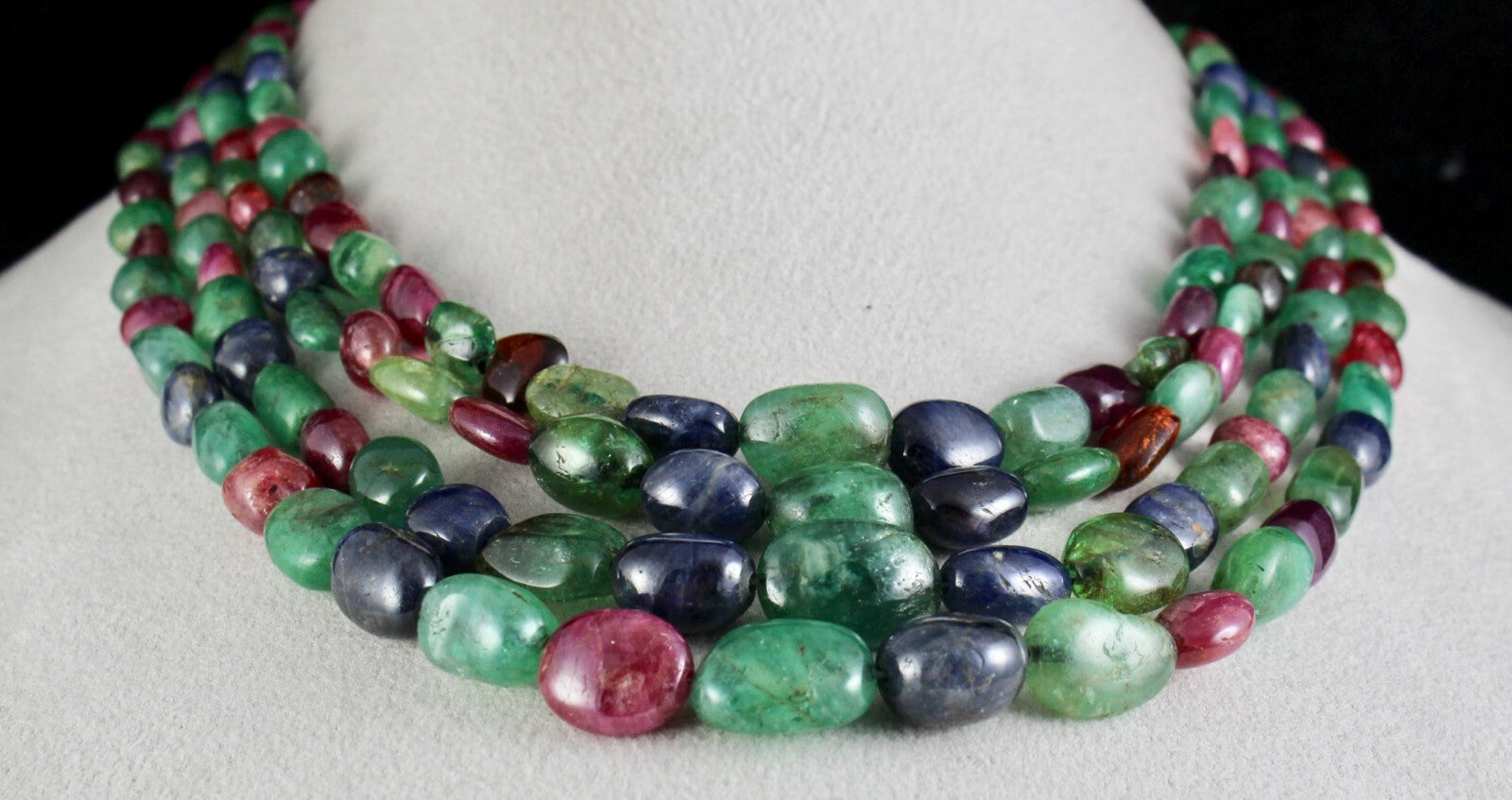 Certified Antique Natural Emerald Ruby Blue Sapphire 886 Ct Beads Necklace