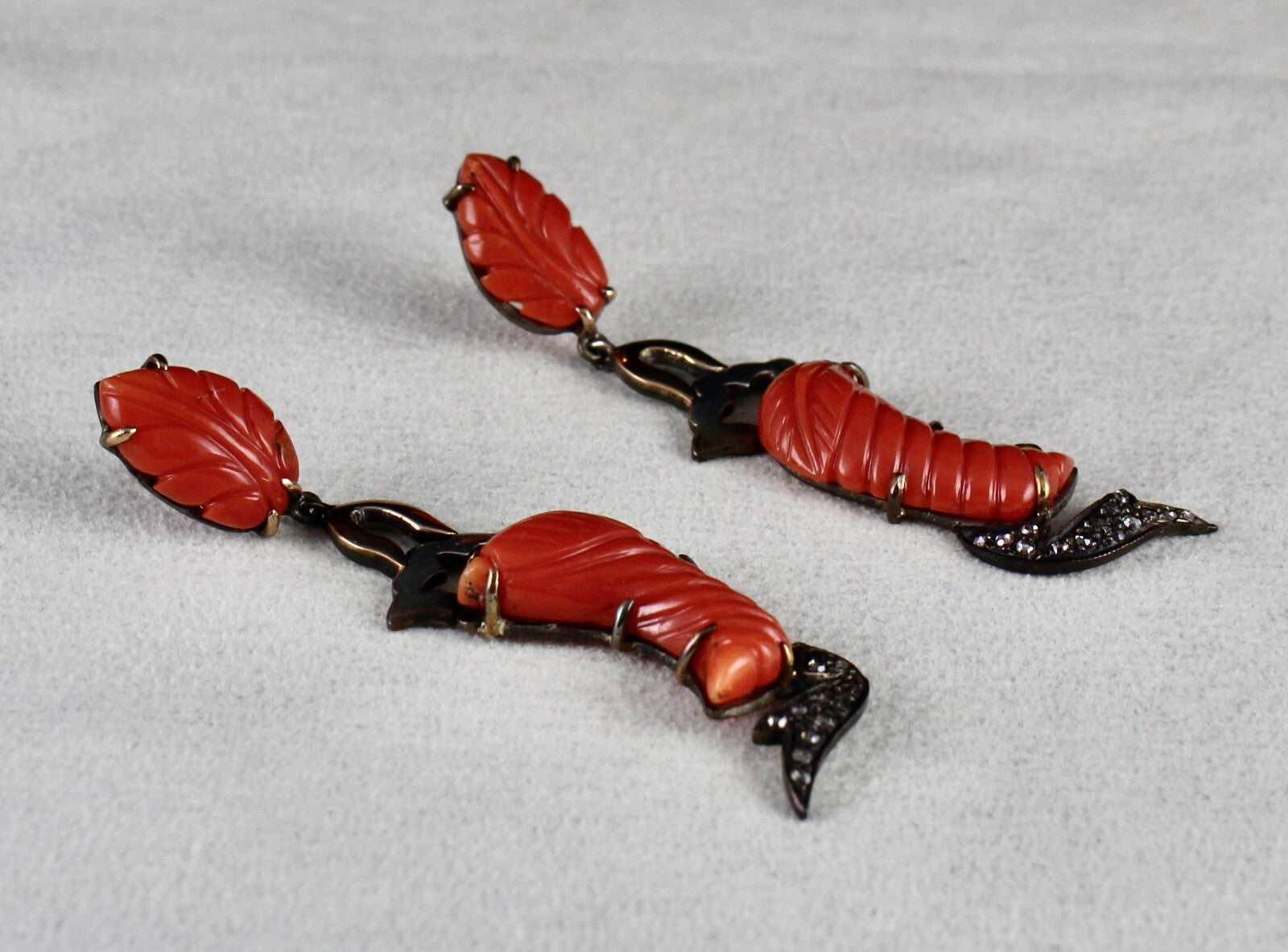 Estate Victorian Natural Red Coral 10ct Natural Diamond Sterling Silver Earrings