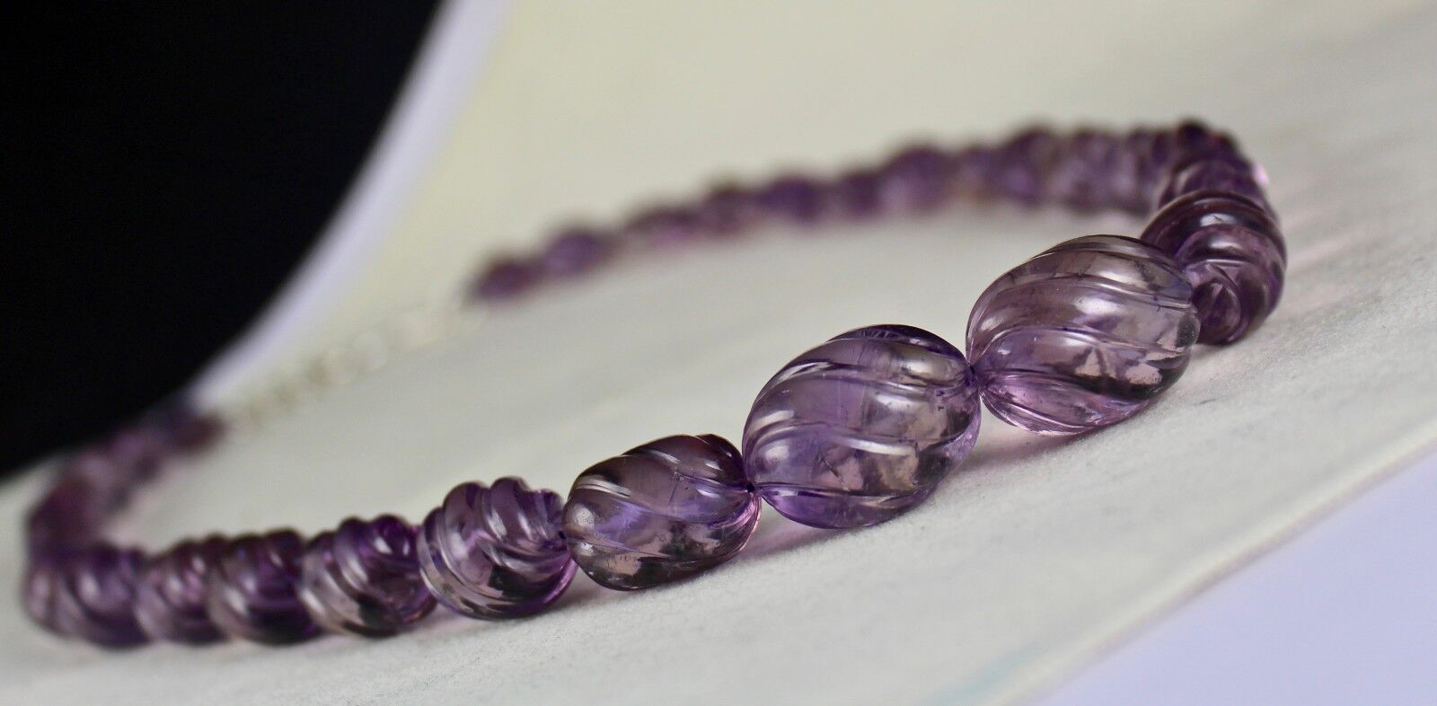 Natural Amethyst Beads Carved Long 552 Ct Gemstone Silver Classic Necklace