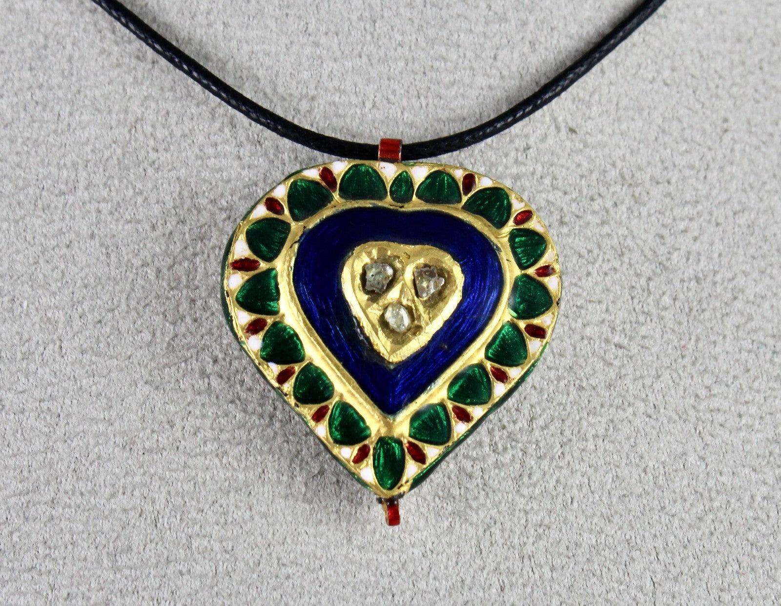 Antique Green Blue Jadau 62.75ct Natural Diamond 22k Kundan Meena Gold Pendant