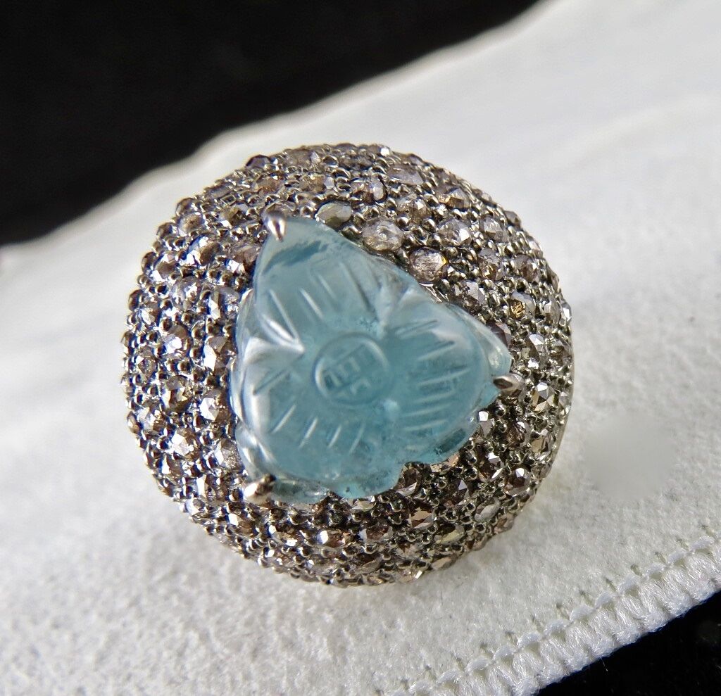 Antique Natural Blue Aquamarine Carved Diamond Gemstone Silver Victorian Ring