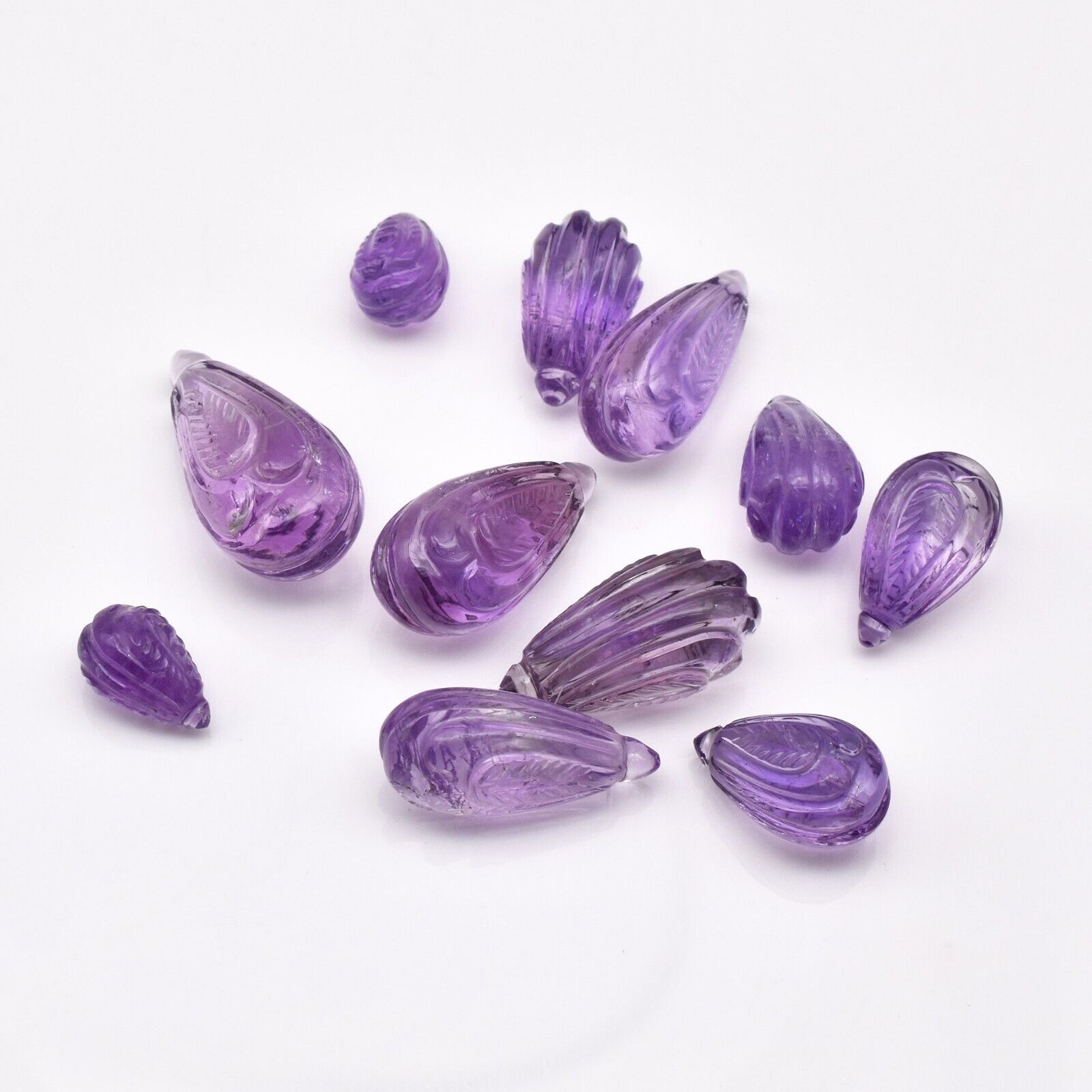 Natural Amethyst Engraved Drop 11Pc 131.8 Ct Loose Gemstone Earring Necklace Set