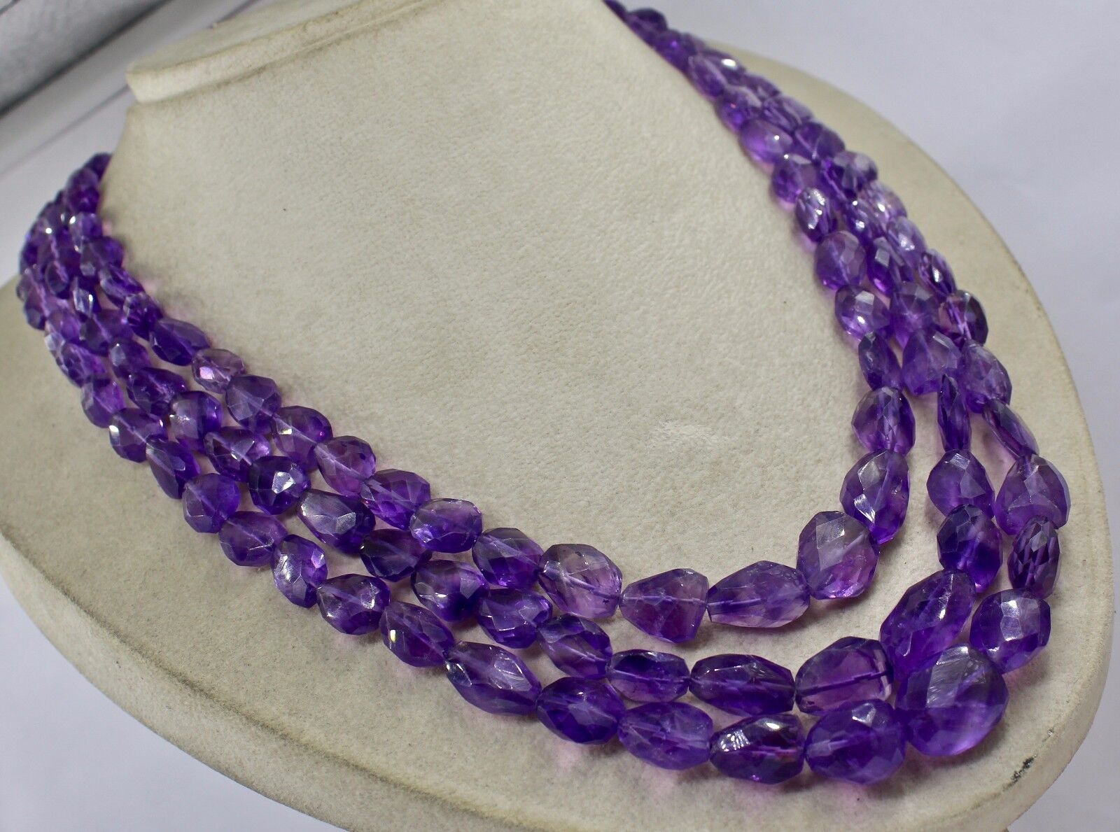 NATURAL PURPLE AMETHYST BEADS FACETED NUGGET 3 LINE 833 CARATS GEMSTONE NECKLACE