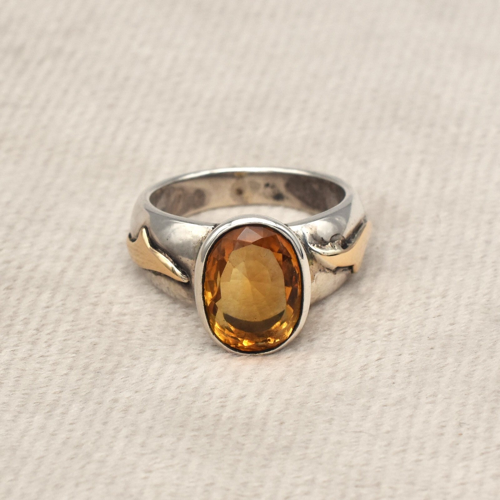 Vintage Unisex 61ct Yellow Citrine 18k Gold 925 Silver Victorian Ring
