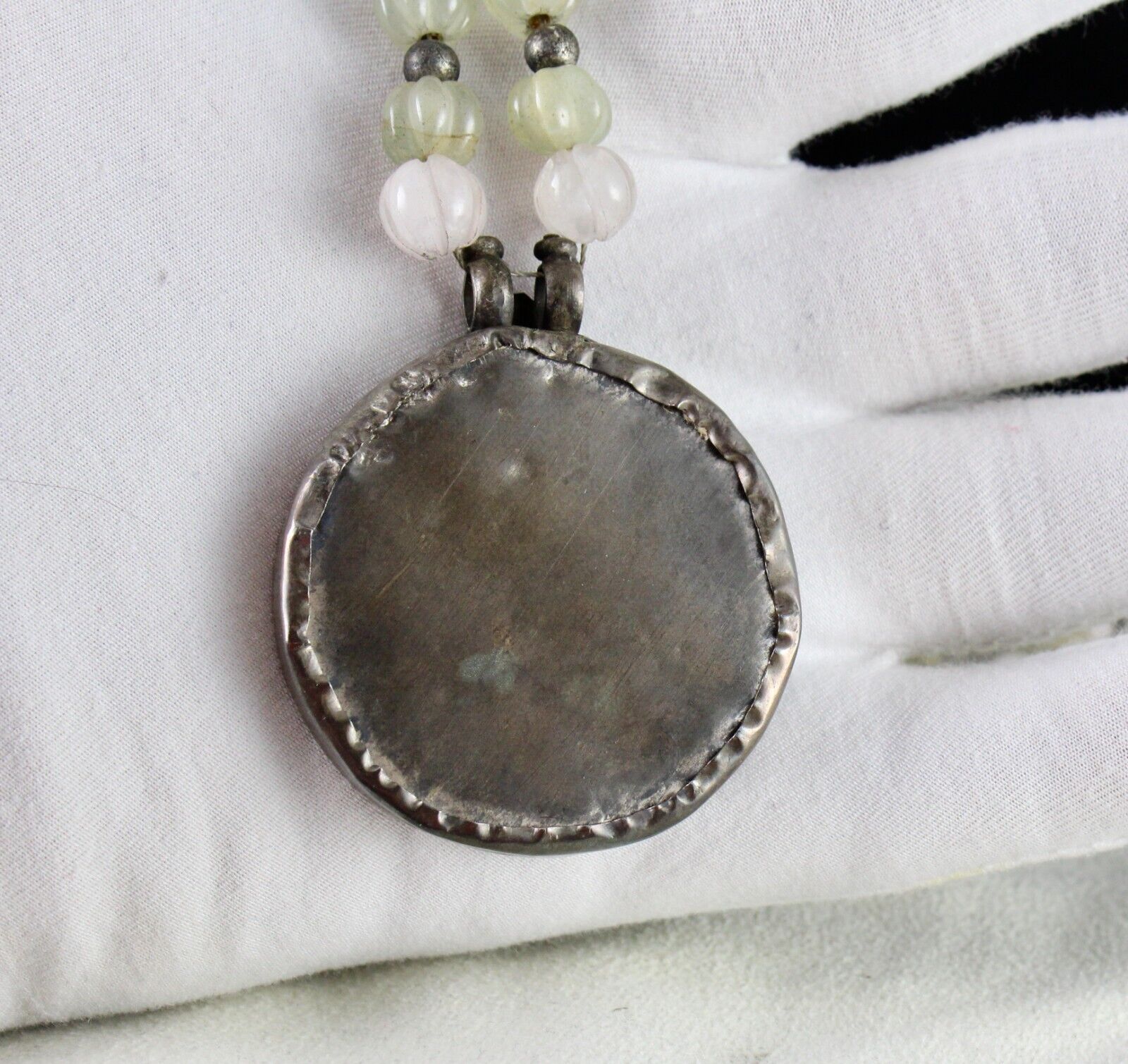 Old Krishna Painting Silver Pendant Rose Quartz Jade Carved Stone Beads Necklace