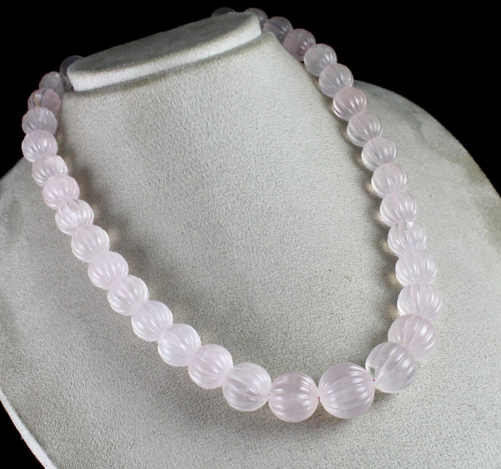 Rose Quartz Beaded Carved Necklace 1 L 813 Carats Natural Gemstone Silver clasp