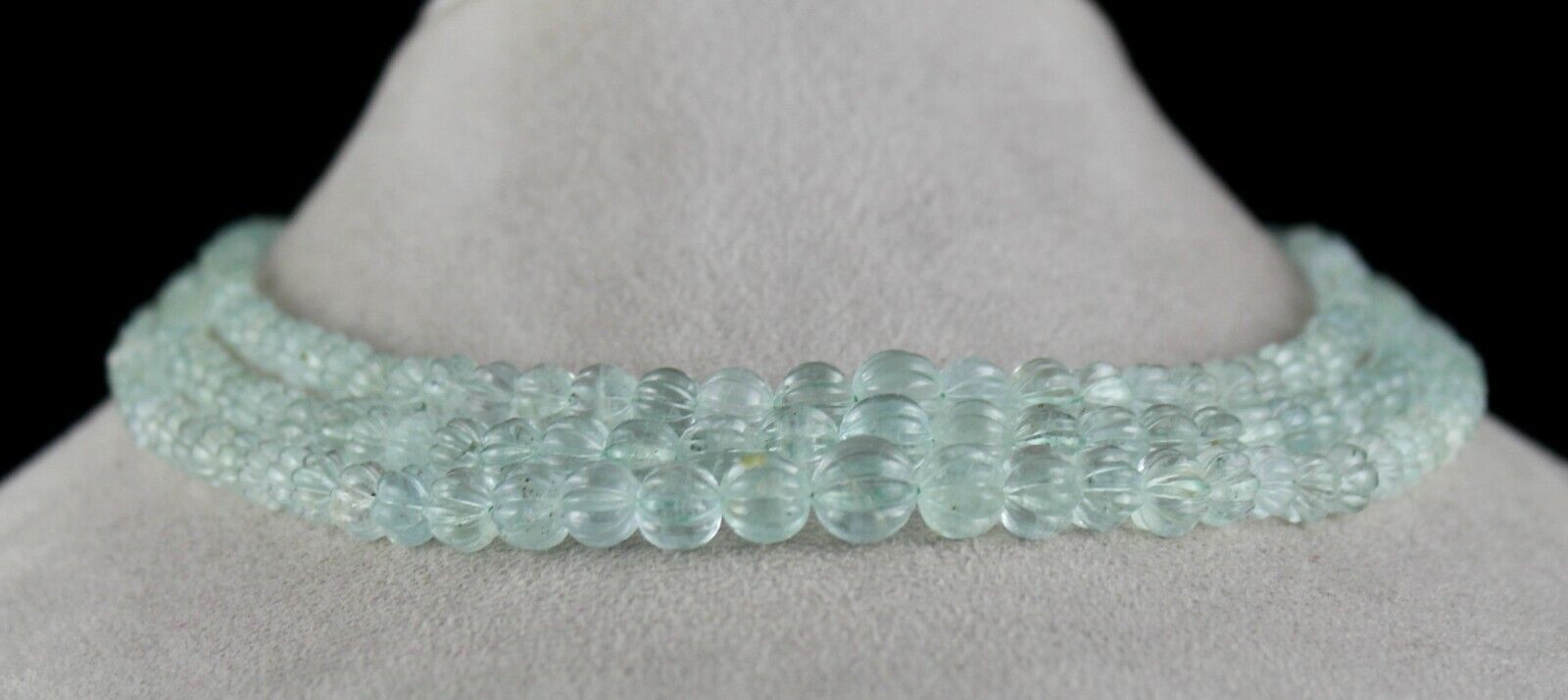NATURAL BLUE AQUAMARINE CARVED MELON ROUND BEADS 3L 395 CTS GEMSTONE NECKLACE
